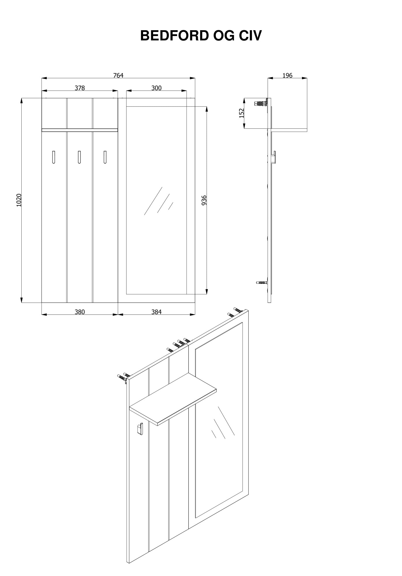 Home affaire Panneau de vestiaire »Bedford, Wandregal Wandpaneel, Wandgarderobe praktisch & stillvoll« mit 3 Kleiderhaken, Spiegel und Ablage für Accessoires, Breite 76,5 cm