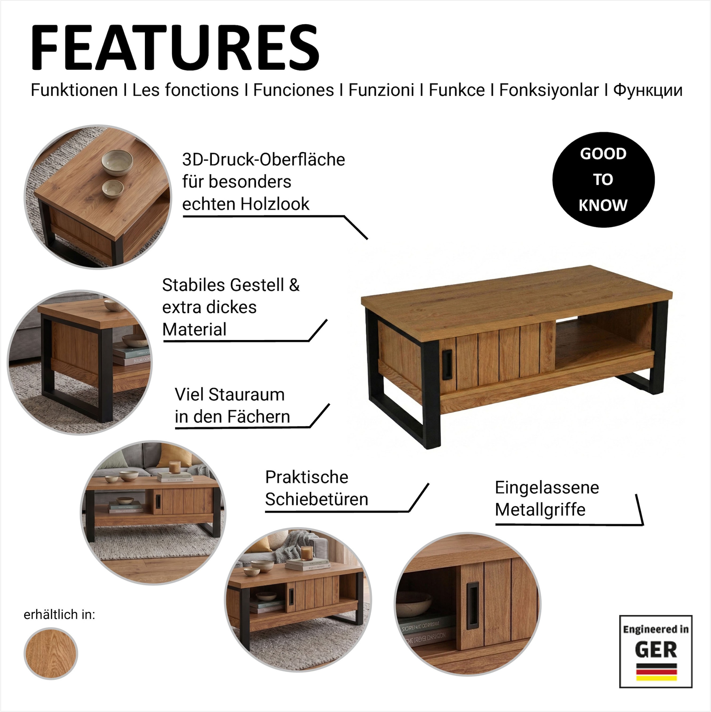 Jahnke Table basse »RIVA COFFEE« table basse avec rangement & portes coulissantes, effet chêne, largeur : 108,5 cm