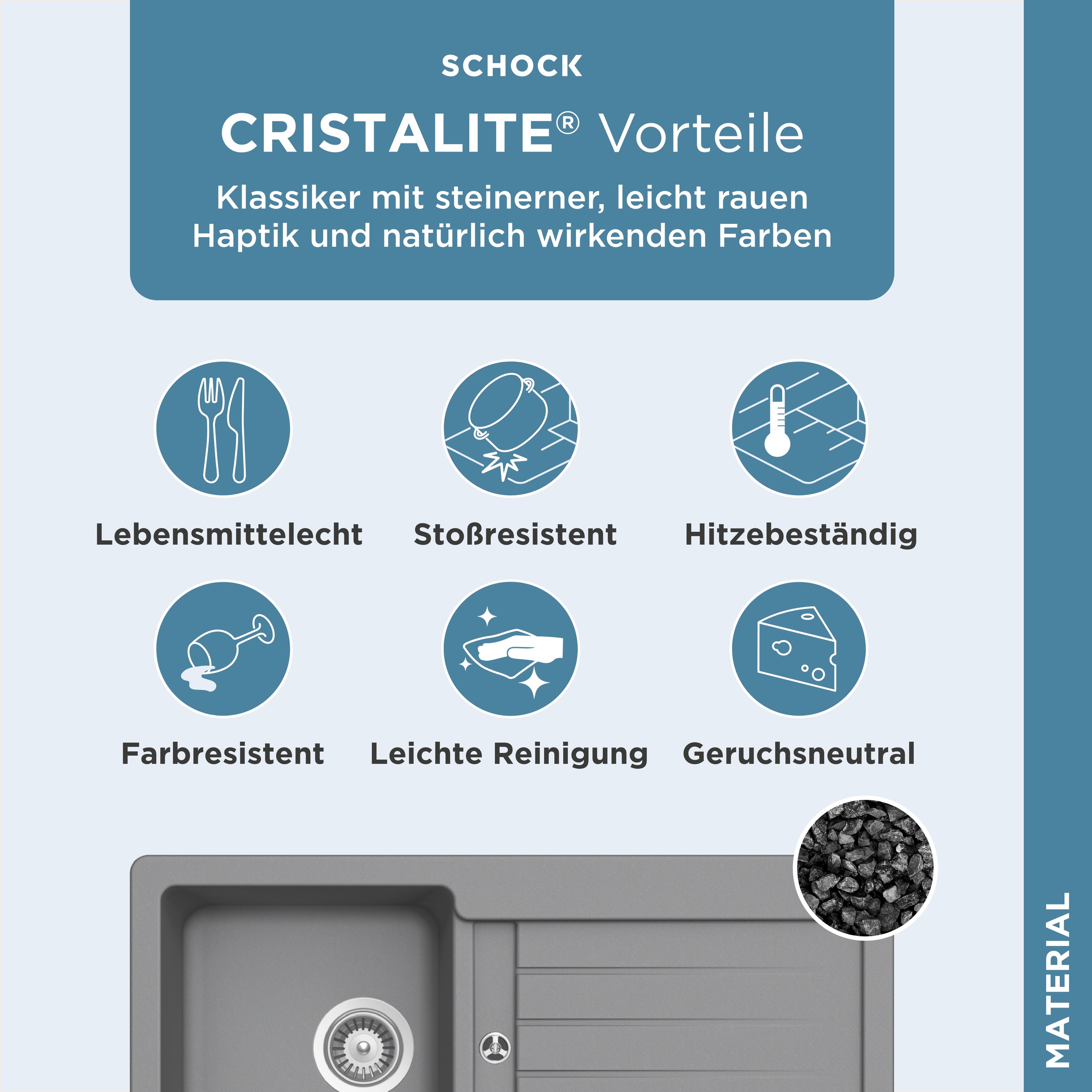 Schock Évier en granit »Typos D-100 S« mit Ablauf und Abtropffläche, links und rechts einbaubar