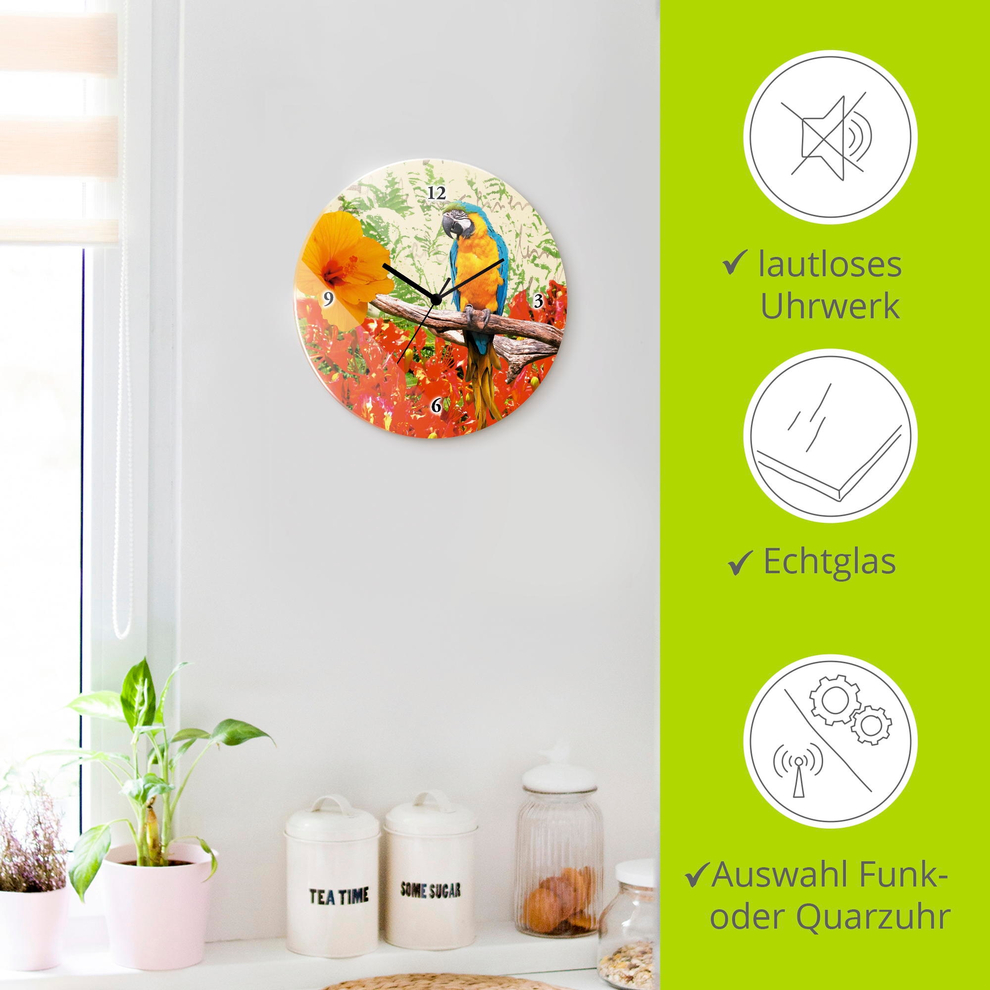 Artland Horloge murale »Papagei« wahlweise mit Quarz- oder Funkuhrwerk, lautlos ohne Tickgeräusche
