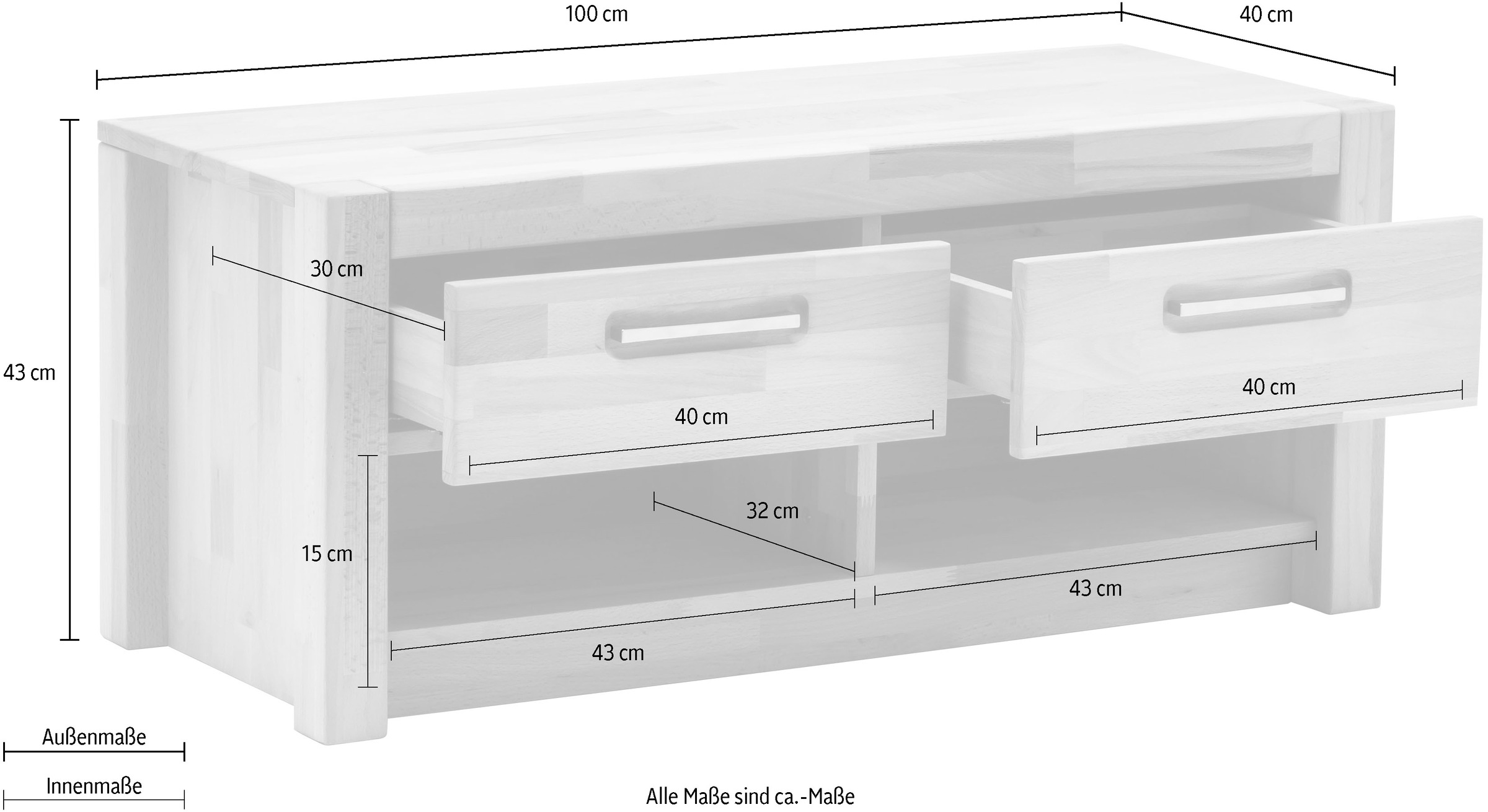 MCA living Garderobenschrank »Fenja Garderobenbank, Flurbank, Bank, Ablagebank - Breite 100 cm« 1 Stk. tlg. Massivholz, Kernbuche,2 offene Fächer, 2 Schubkästen, Made in Europe
