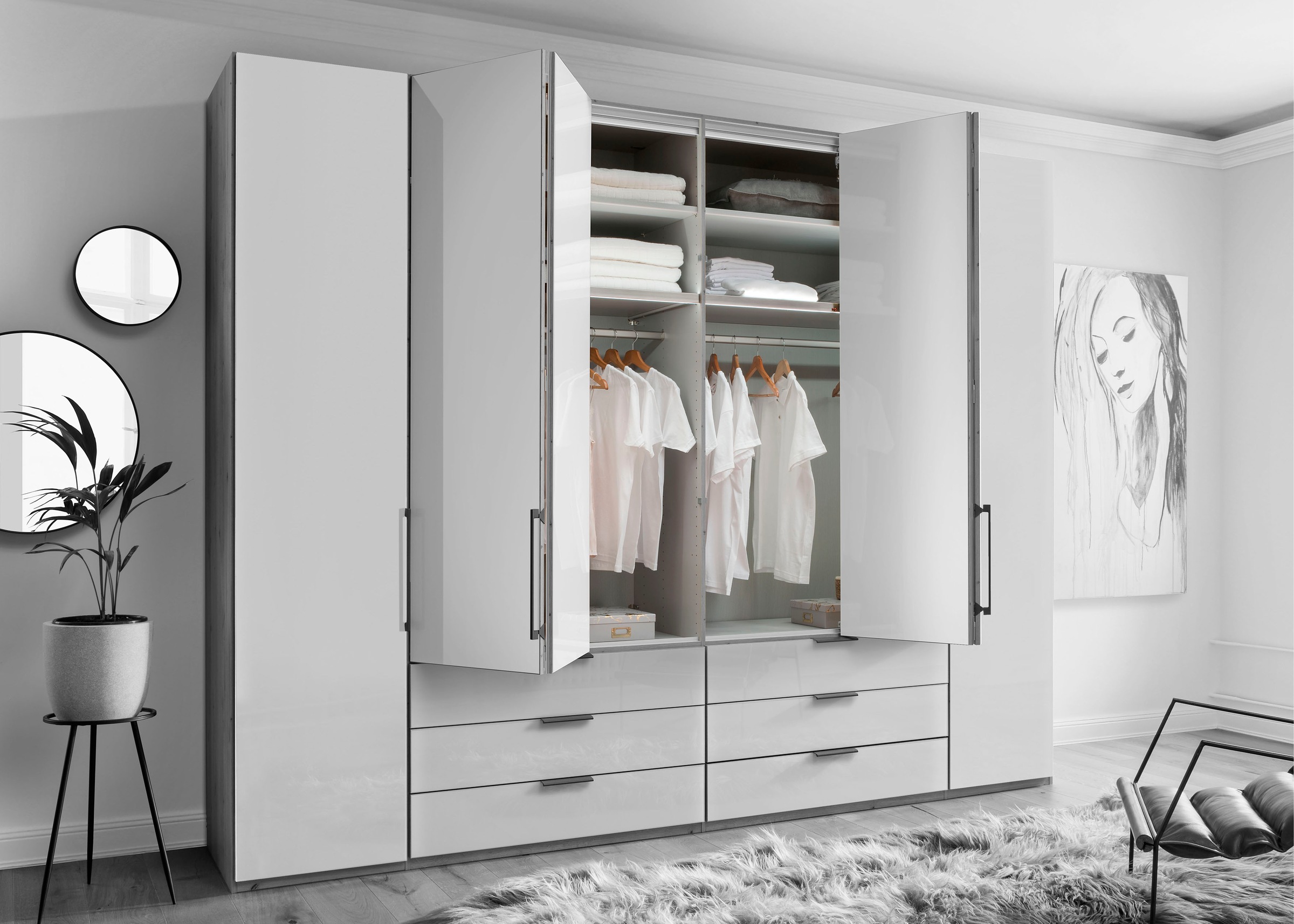 WIEMANN Armoire à portes pliantes »Monaco, Kleiderschrank, Schrank, Wäscheschrank, mit edler Glasfront« 2 largeurs, 2 hauteurs 216/236 cm sélectionnables, FABRIQUÉ EN ALLEMAGNE,  incl. tiroirs et portes rembourrés, avec ouverture panoramique