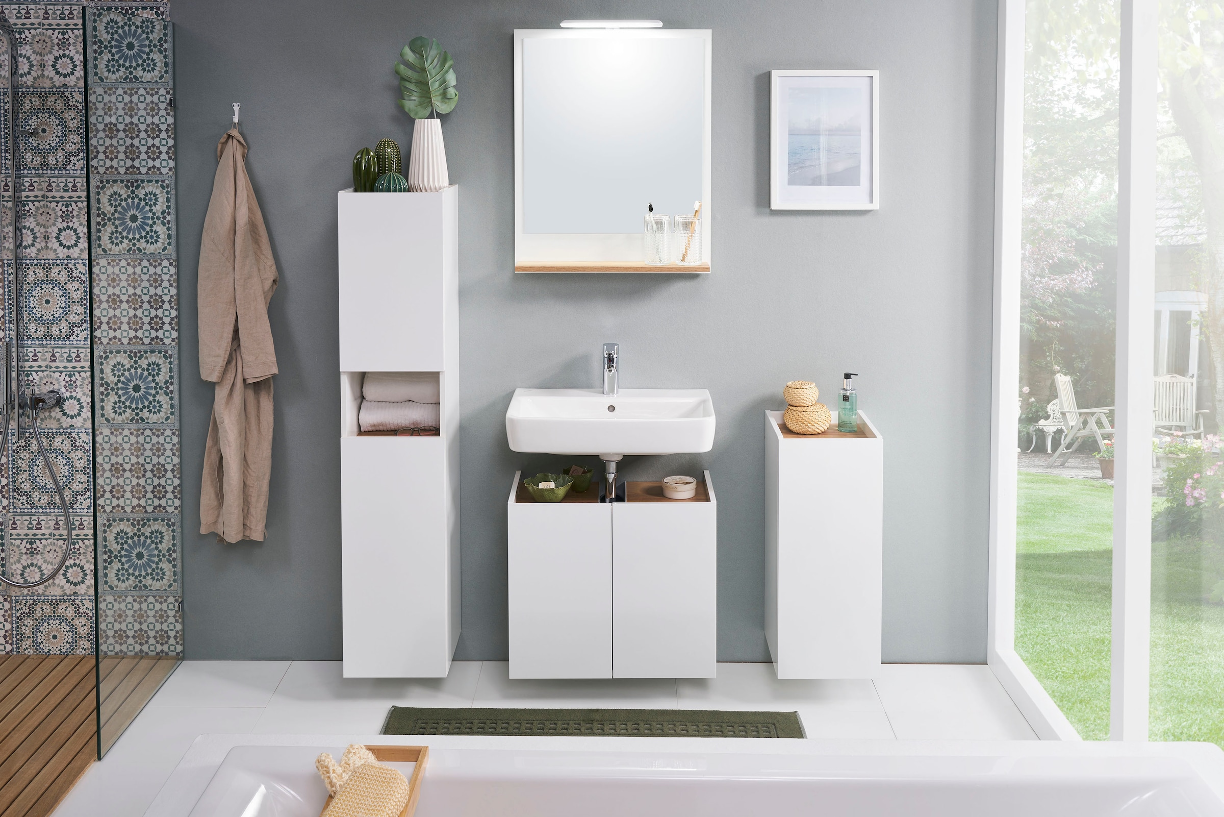 Saphir Armoire intermédiaire »Quickset 947 Badschrank 30 cm breit, 2 Türen, 1 Nische« Armoire de salle de bain midi avec amortisseur de porte, blanc brillant, sans poignée