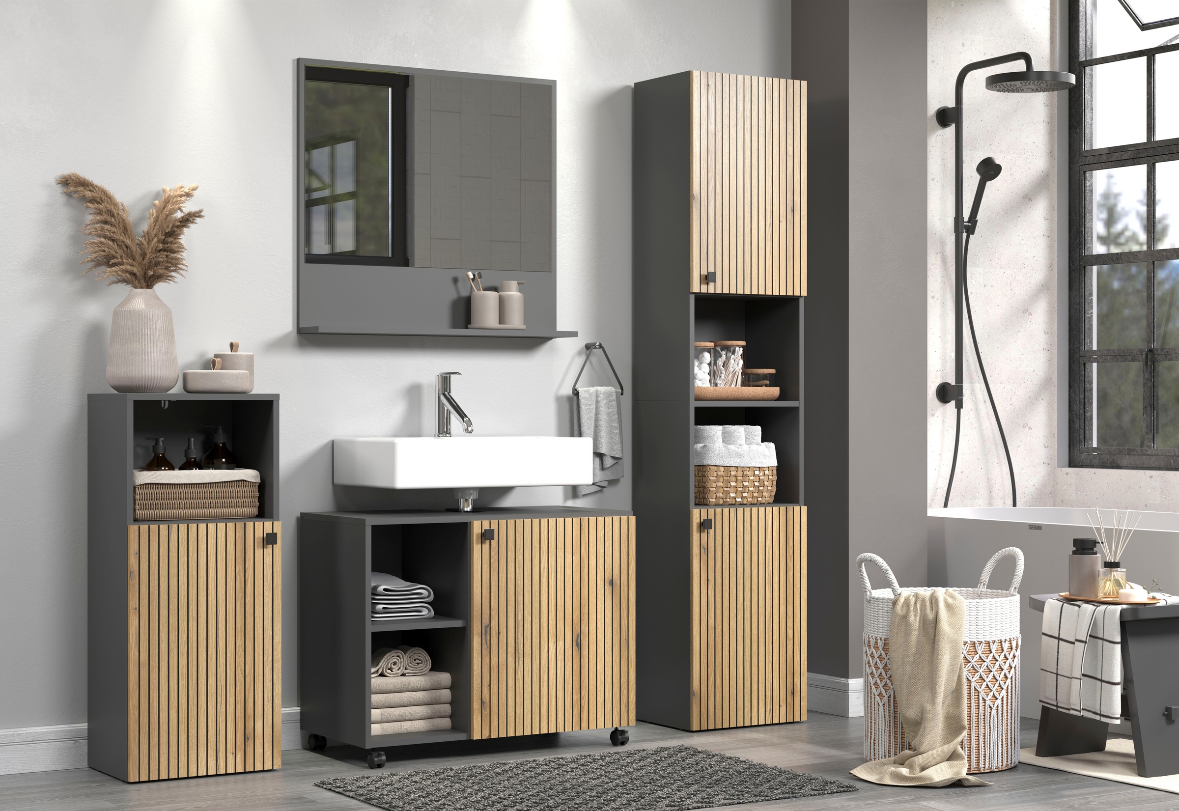 welltime Waschbeckenunterschrank »Amrum« BxHxT 80 x 64 x 42cm Waschbeckenunterschrank Eiche Rillenoptik