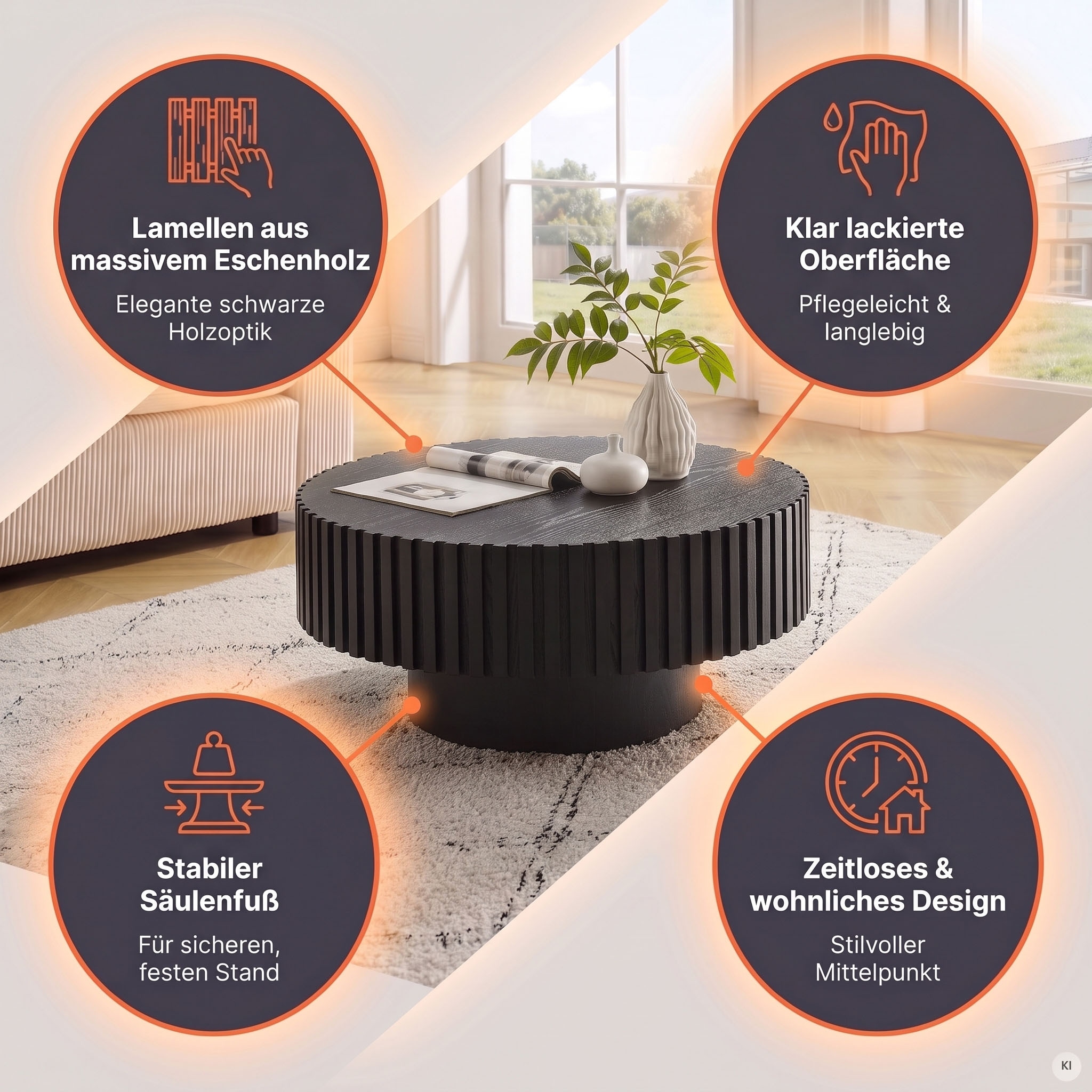 SalesFever Couchtisch »rund mit Massivholz-Lamellen Ø 80 cm« 1 Stk. tlg. Moderner Holztisch fürs Wohnzimmer mit Echtholzfurnier