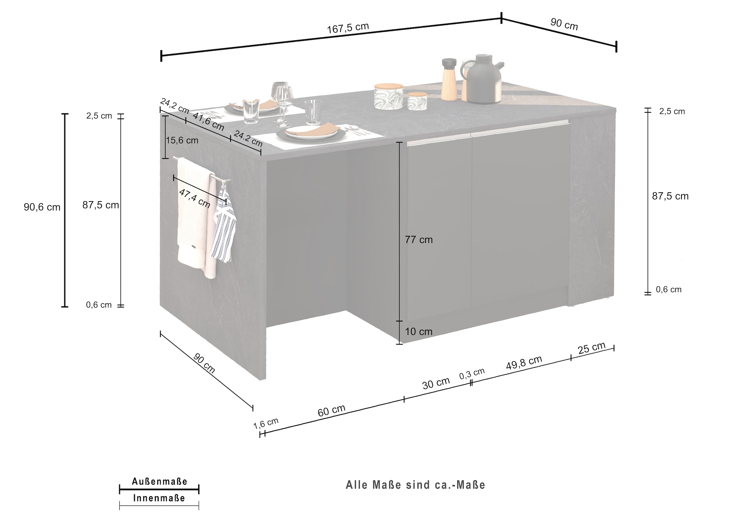 KOCHSTATION Ilot de cuisine »KS-Sole, Kochinsel, Küchenarbeitsblock, Arbeitsinsel, Made in Italy« Breite 167,5 cm, 2 Apothekerauszüge, 2 Essplätze, 1 offenes Regal