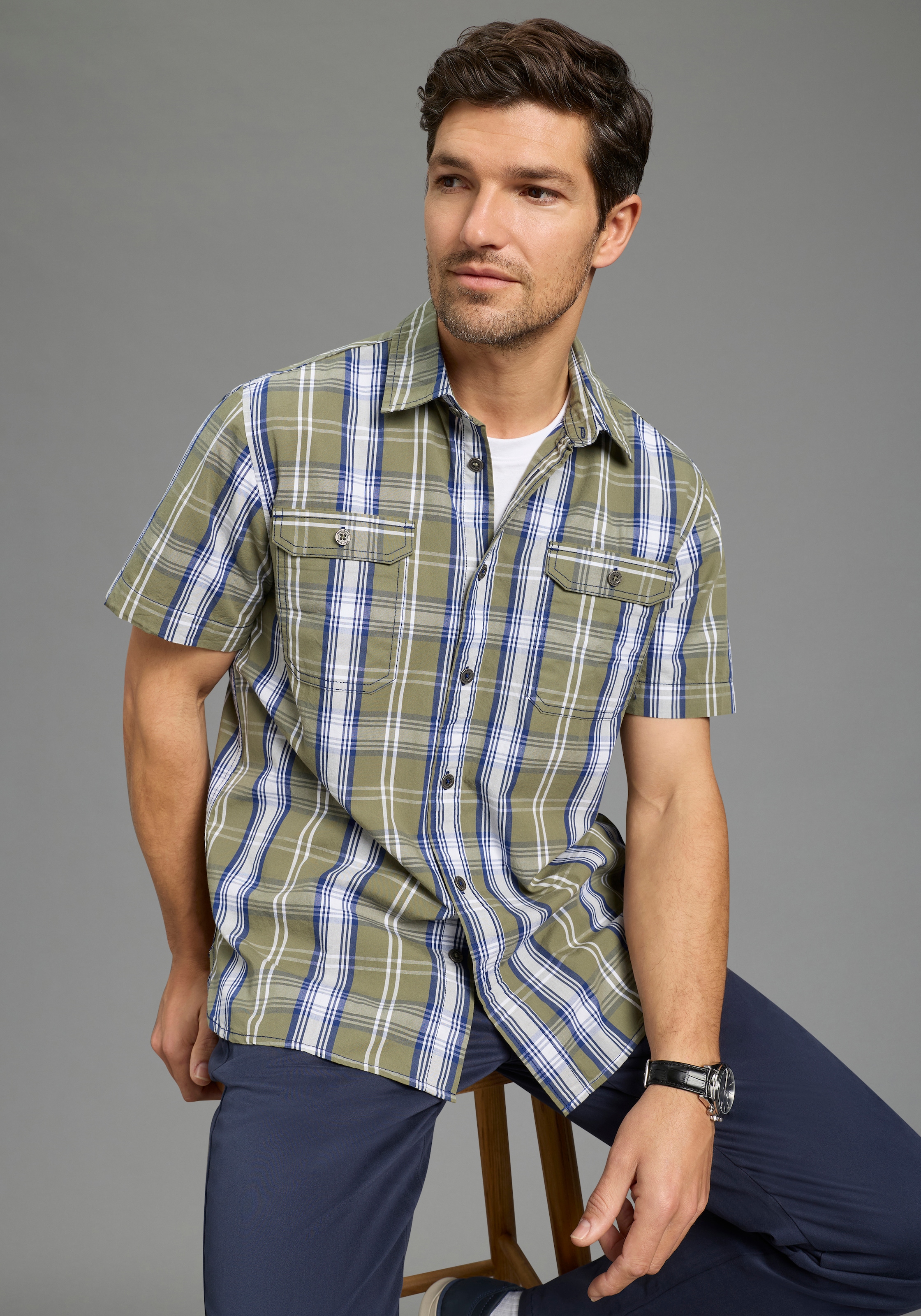 Man's World Chemise à carreaux Kurzarm, für Casualmode, Basic, Frühling und Sommer, aus Baumwolle