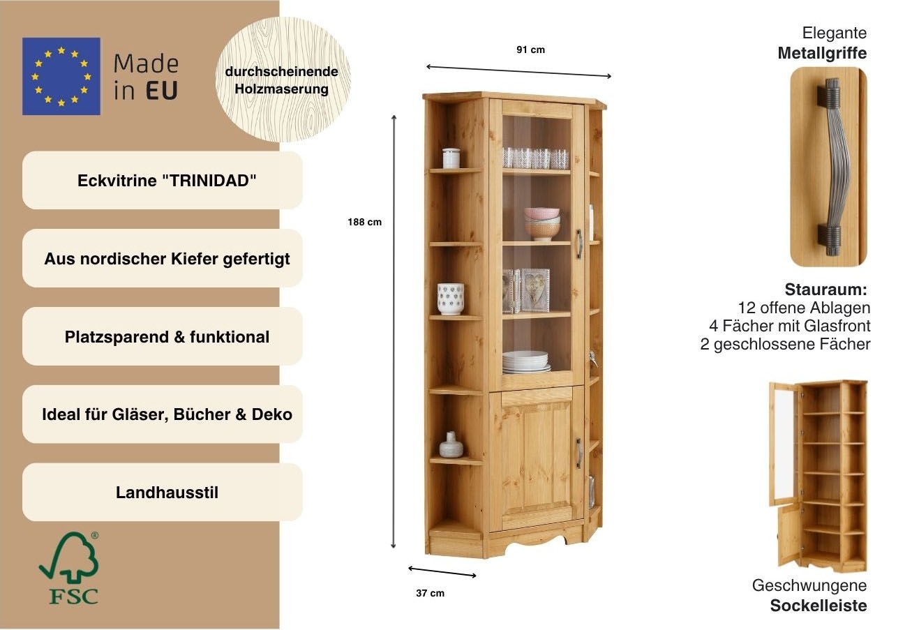 GOODproduct Eckvitrine »Trinidad« Höhe 188 cm, FSC® zertifiziertes Massivholz