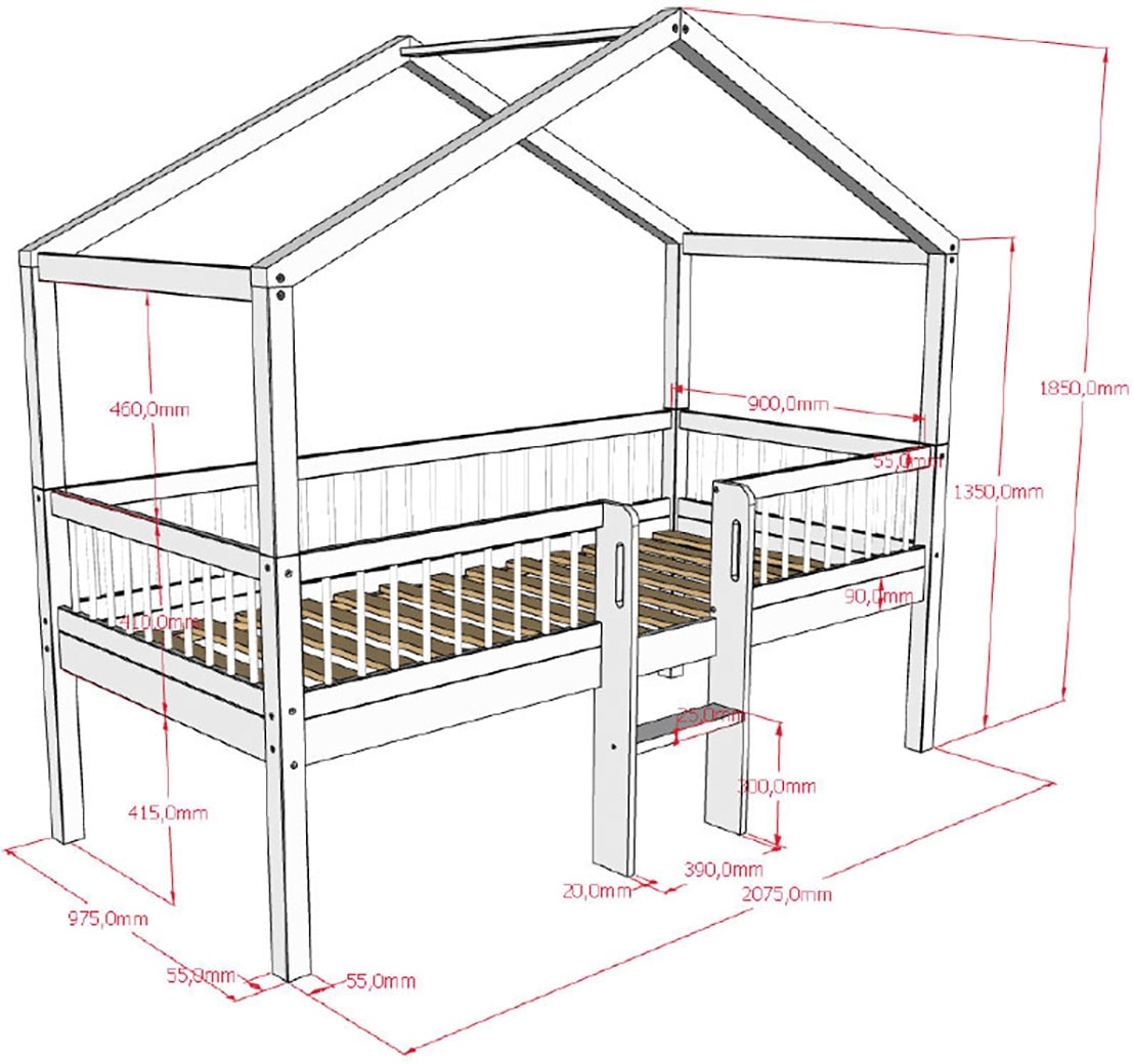 Vipack Hausbett »Forrest ist ein hochwertiges Massivholz Haus Bett "Made in Europe"« inkl. Rolllattenrost, Dachaufbau, Absturzschutz und Leiter,  wahlweise aus massiver Eiche geölt oder Buche massiv weiss lackiert