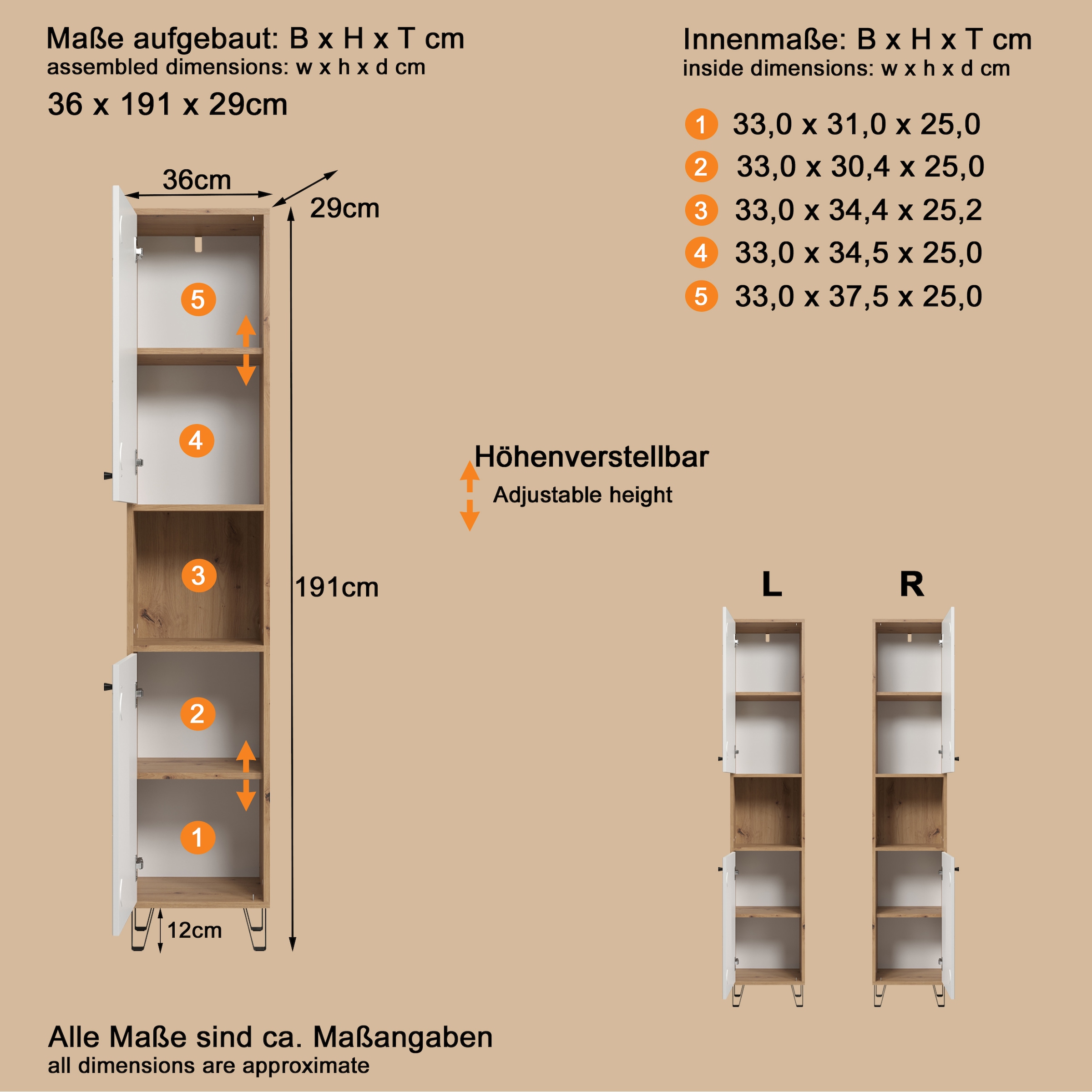 PLACES OF STYLE Hochschrank »Tarragona« 1 Stk. tlg. Hochschrank mit 1 Tür & 1 Klappe - (B/T/H) 36/29/191 cm