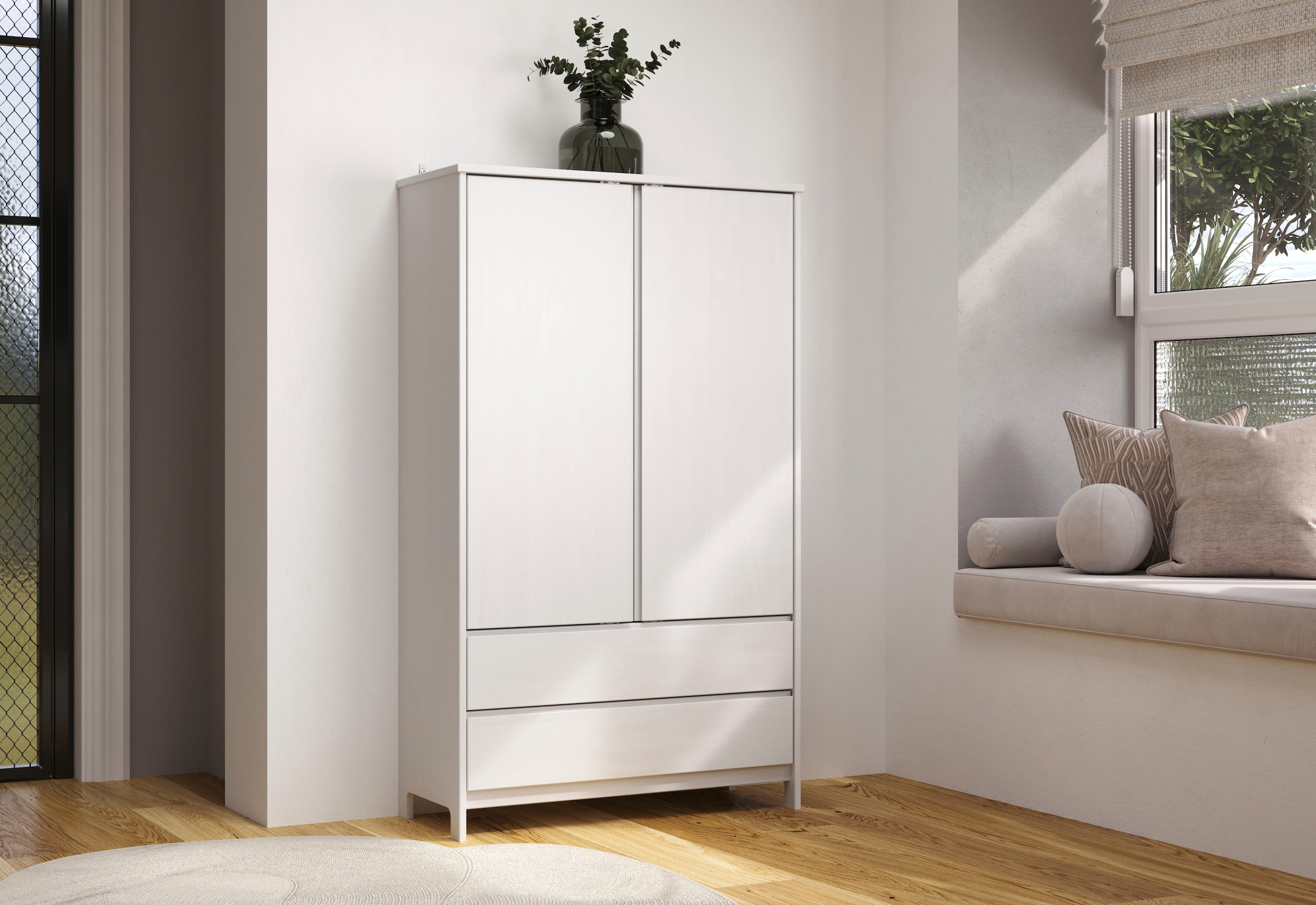 Home affaire Kleiderschrank »Aarhus« 1 Stk. tlg. Weisser, griffloser Massivholz Schrank - Mit 2 praktischen Schubladen