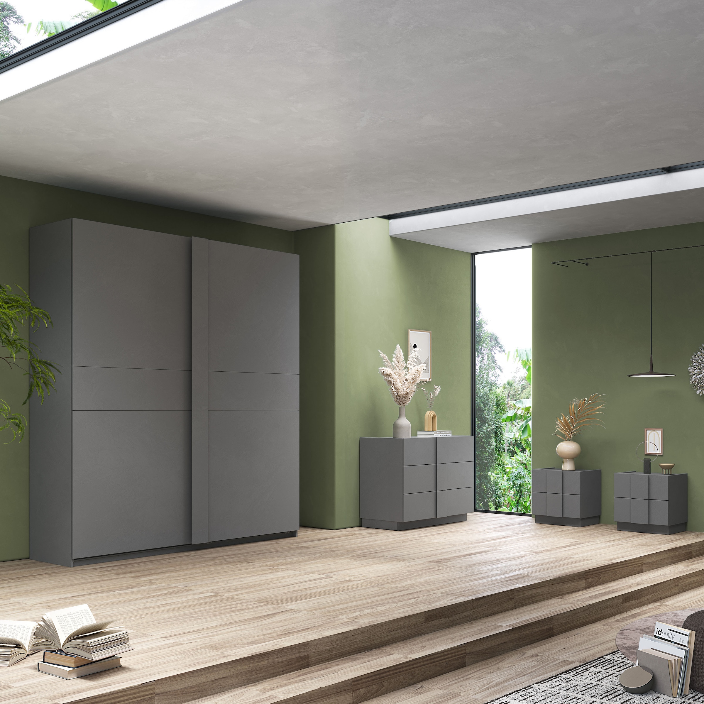 Home affaire Schwebetürenschrank »Jupiter, Schiebetürenschrank in Steingrau« 2 Breiten, moderne Griffblende, Metallgriffleisten, 22 mm Böden