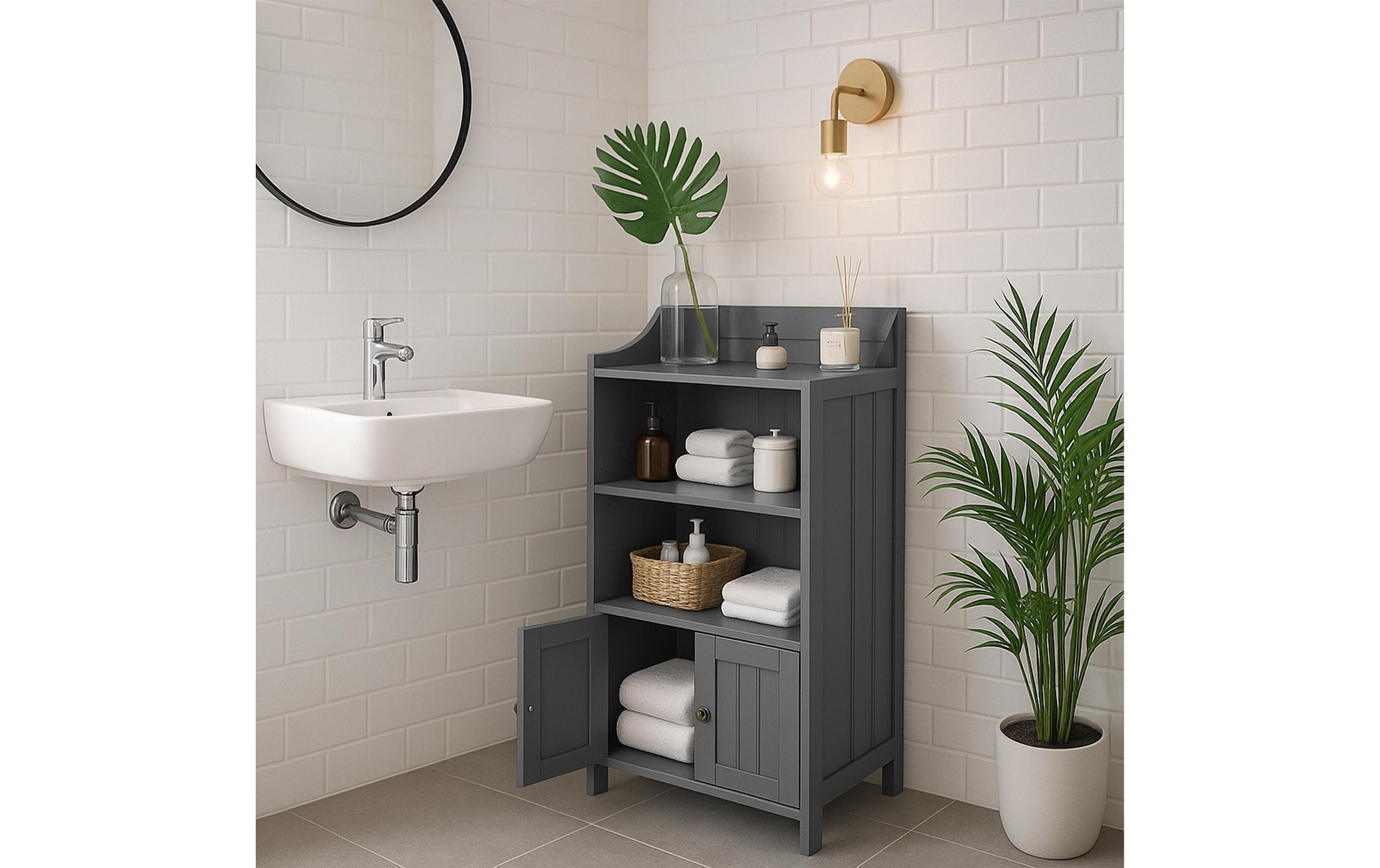 relaxdays Étagère de salle de bain »40.5 x 86 cm« Schmaler Badezimmerschrank mit Ablagen und Türfach