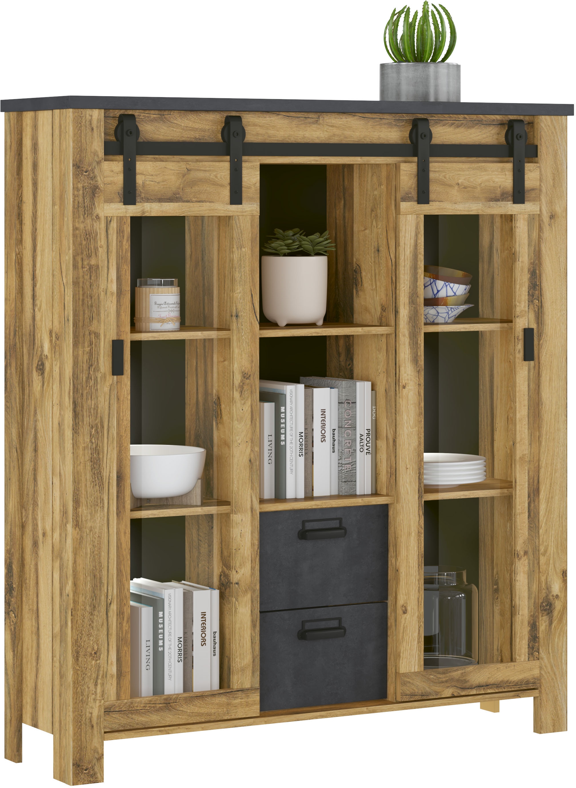 Home affaire Highboard »York, moderner Hochschrank, Vitrine in Hunton Oak, Industrialdesign« mit Scheunentorbeschlägen & Apothekergriffen aus Metall, 150 cm hoch