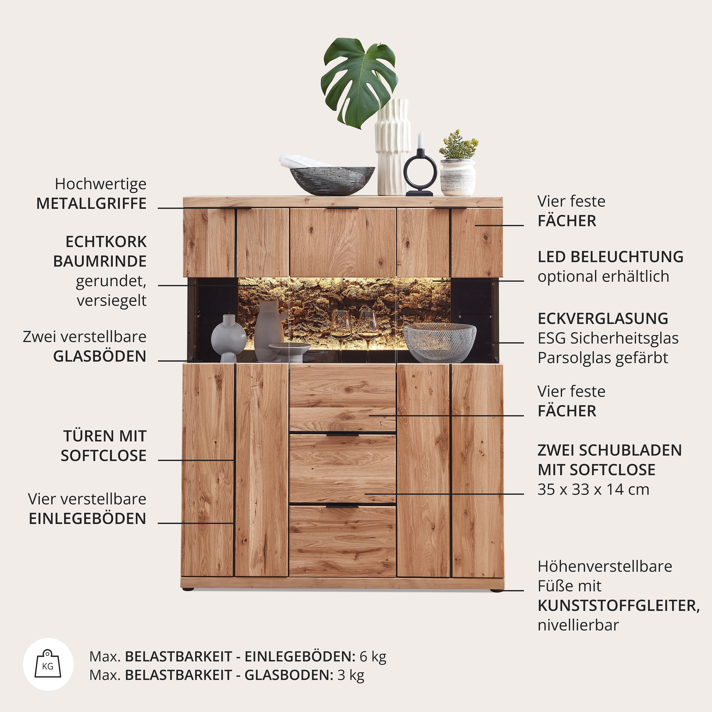 Wohnconcept Buffet haut »Donna Highboard, 122x144x42 (BxHxT)« 1 cuis tlg. Beleuchtung optional bestellbar, 3 türig, 2 Schubkasten, Softclose
