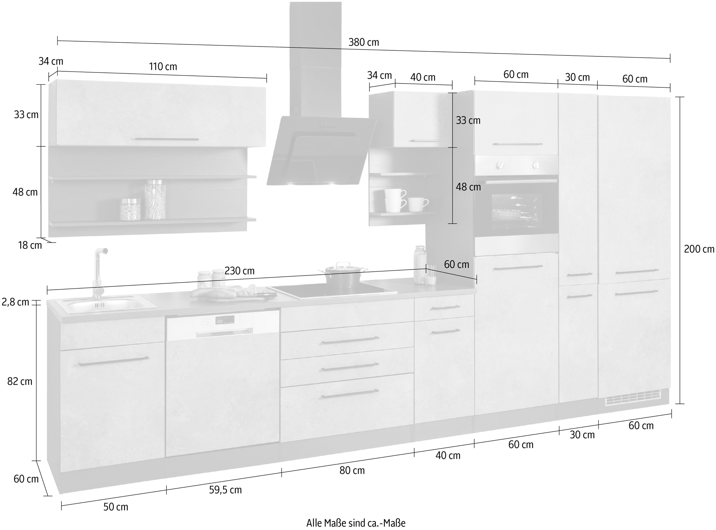 KOCHSTATION Küchenzeile »KS-Tulsa« ohne E-Geräte, Breite 380 cm, schwarze Metallgriffe, MDF Fronten