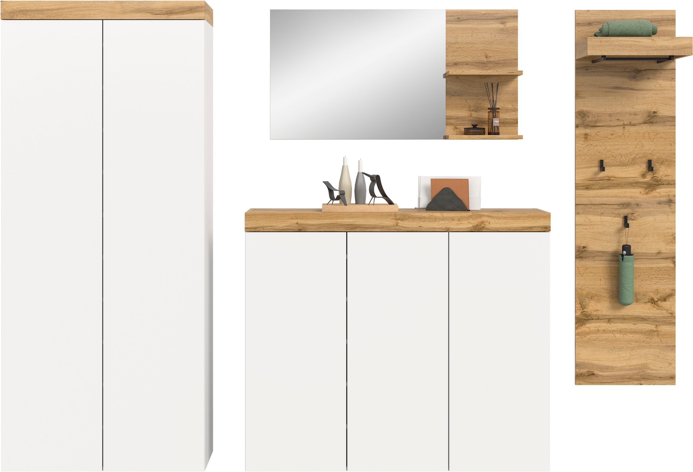 GOODproduct Garderoben-Set »MAMBO, 4-teilige Kombination, stehend & hängend montierbar« bestehend aus: Garderobenschrank, Kommode, Spiegel, Garderobenpaneel, 4 Stk. tlg.