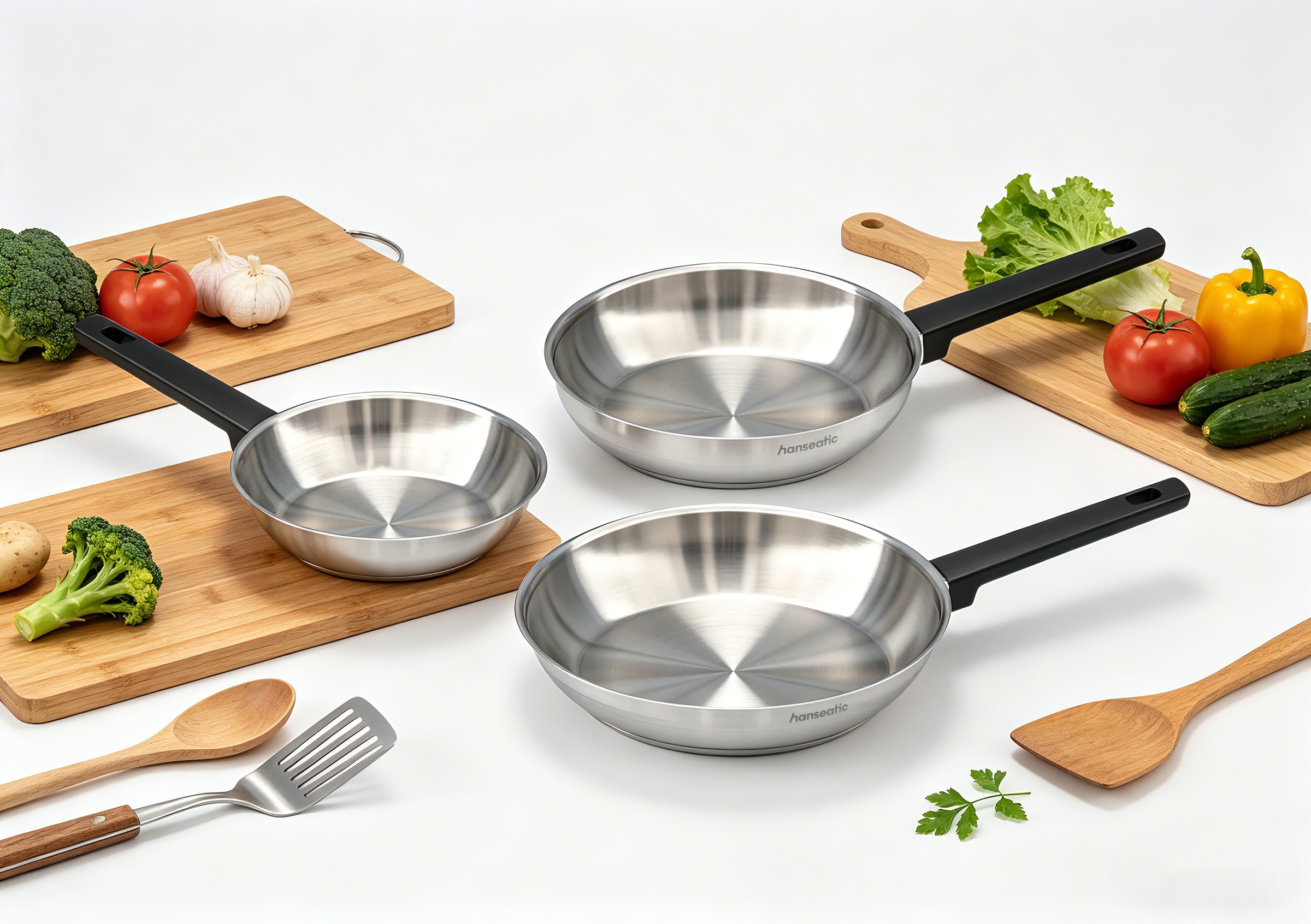 Hanseatic Pfannen-Set »SMART« Edelstahl 18/10 Set, 1x Pfanne Ø 20 cm, 24 cm und 28 cm, 3 tlg. ohne Beschichtung, energiesparend, für alle Herdarten, inkl. Induktion