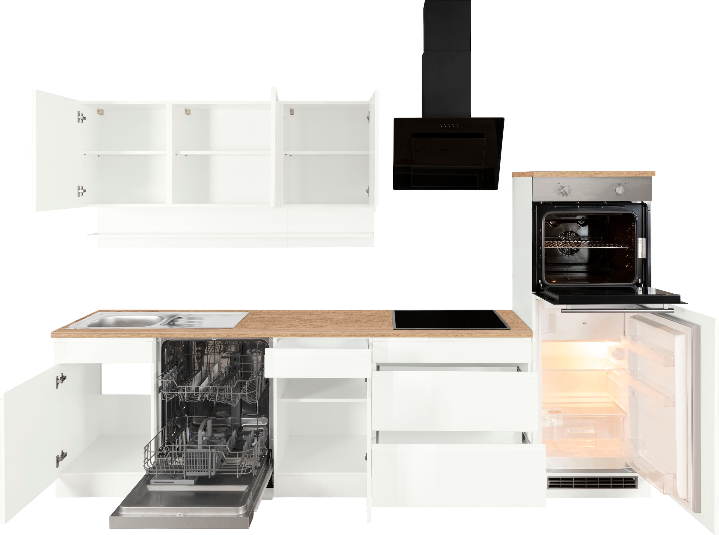 KOCHSTATION Kitchenette »KS-Virginia,neu in verbesserter Ausführung« plan de travail épaisseur 38 mm, rangement, fermeture douce,  largeur 300 cm, soft-close, sans appareils électriques