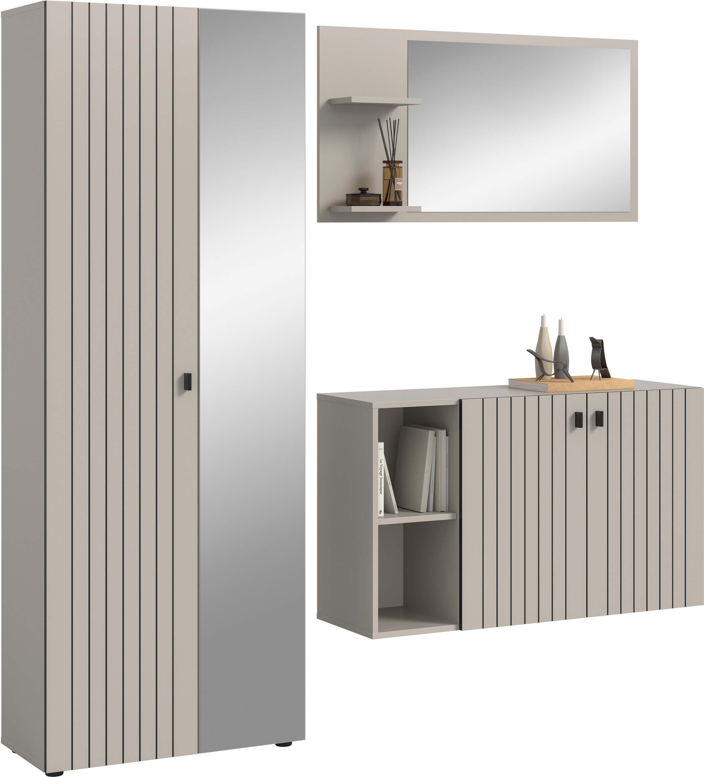 Home affaire Garderoben-Set »TATIO, 3-tlg. Garderobenkombination, Breite: 191 cm, Rillenfräsung« Set, Set, best. aus: 1 Spiegel, 1 Garderobenschrank, 1 Schuhkommode, 3 Stk. tlg.