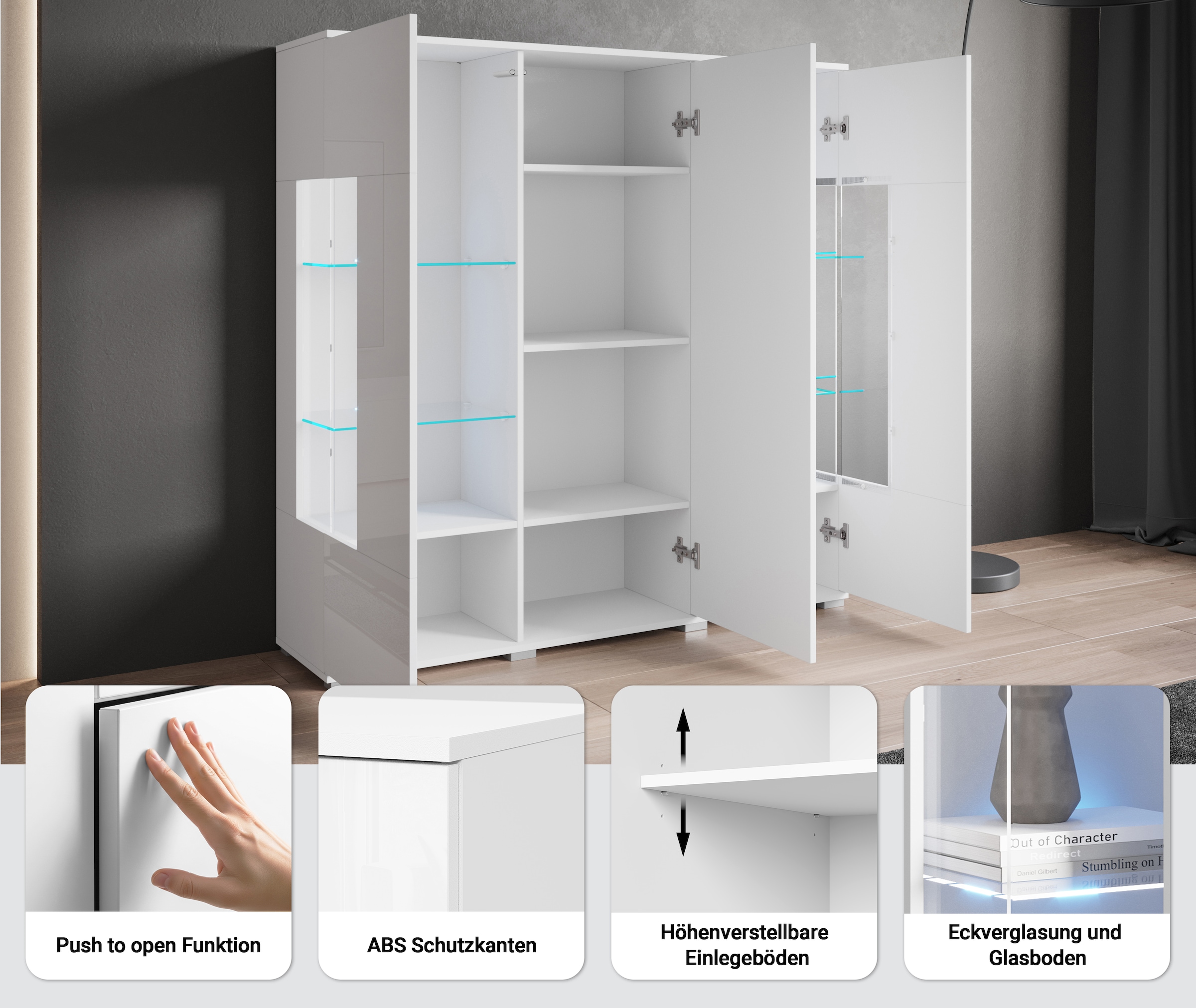 GOODproduct Buffet haut »Kenia« 1 cuis tlg. Buffet moderne, avec portes en verre, largeur 135 cm