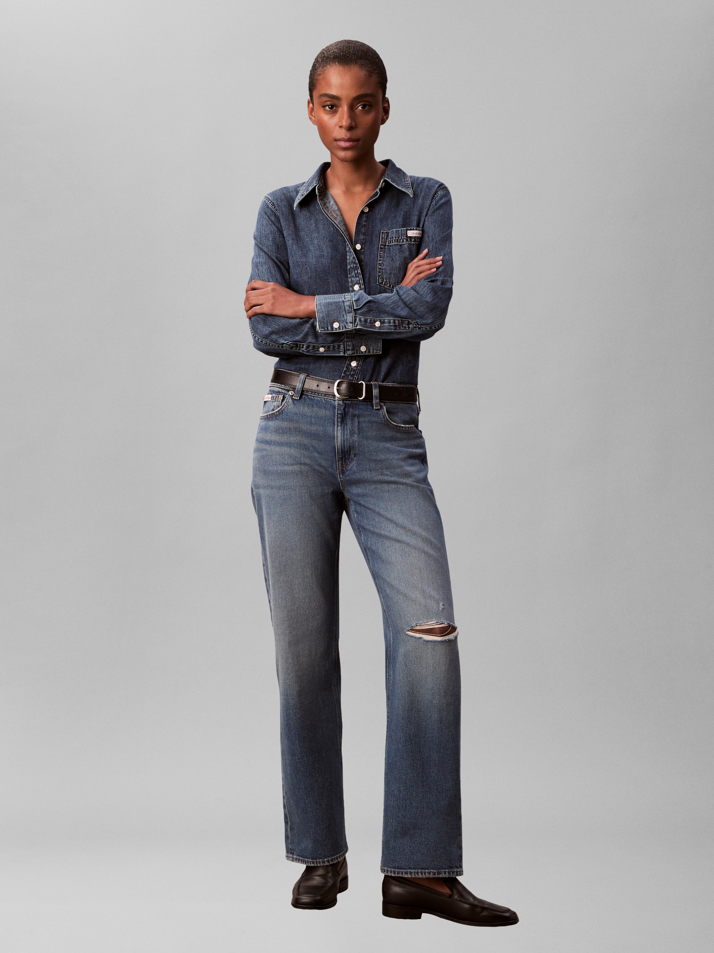 Calvin Klein Jeans Blouse en jean Regular fit, Brusttasche, abgerundeter Saum