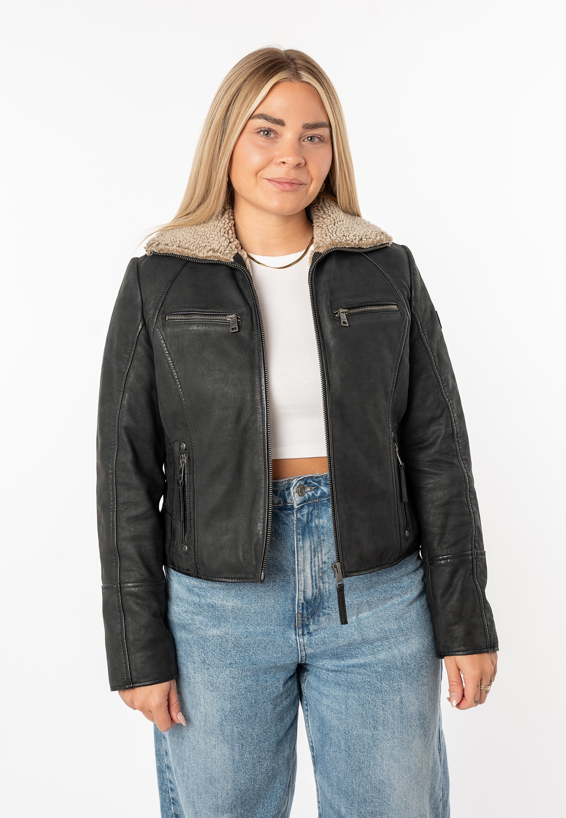 Mauritius Lederjacke »MWNaedda« mit hochschliessendem Kragen mit Teddyplüschbesatz - wärmend