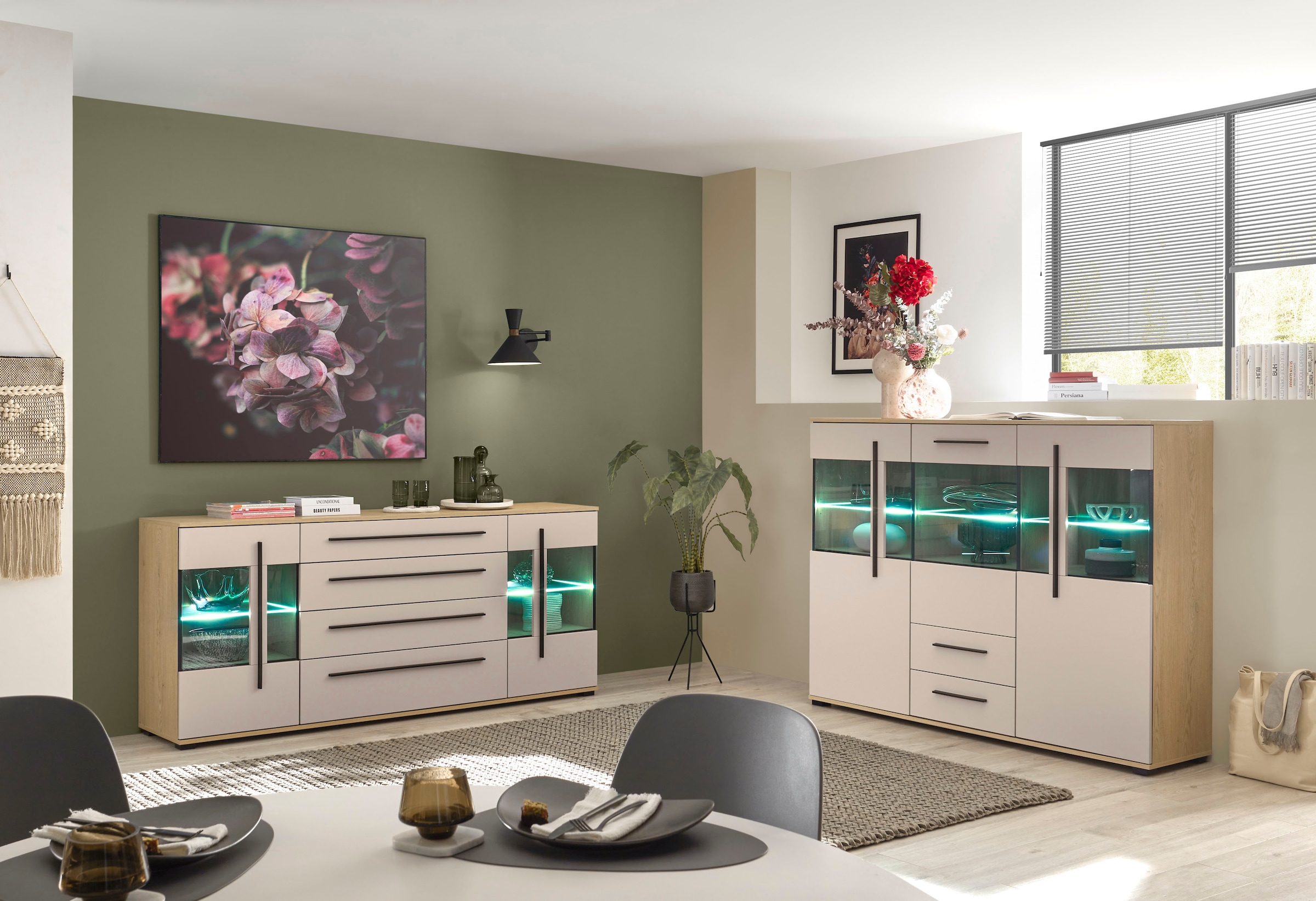 Home affaire Highboard »Cantara, moderner Schrank, Vitrine in Eiche Dekor, Weiss oder Kaschmir« schwarze Stangengriffe, ausreichend Stauraum, vielseitig einsetzbar