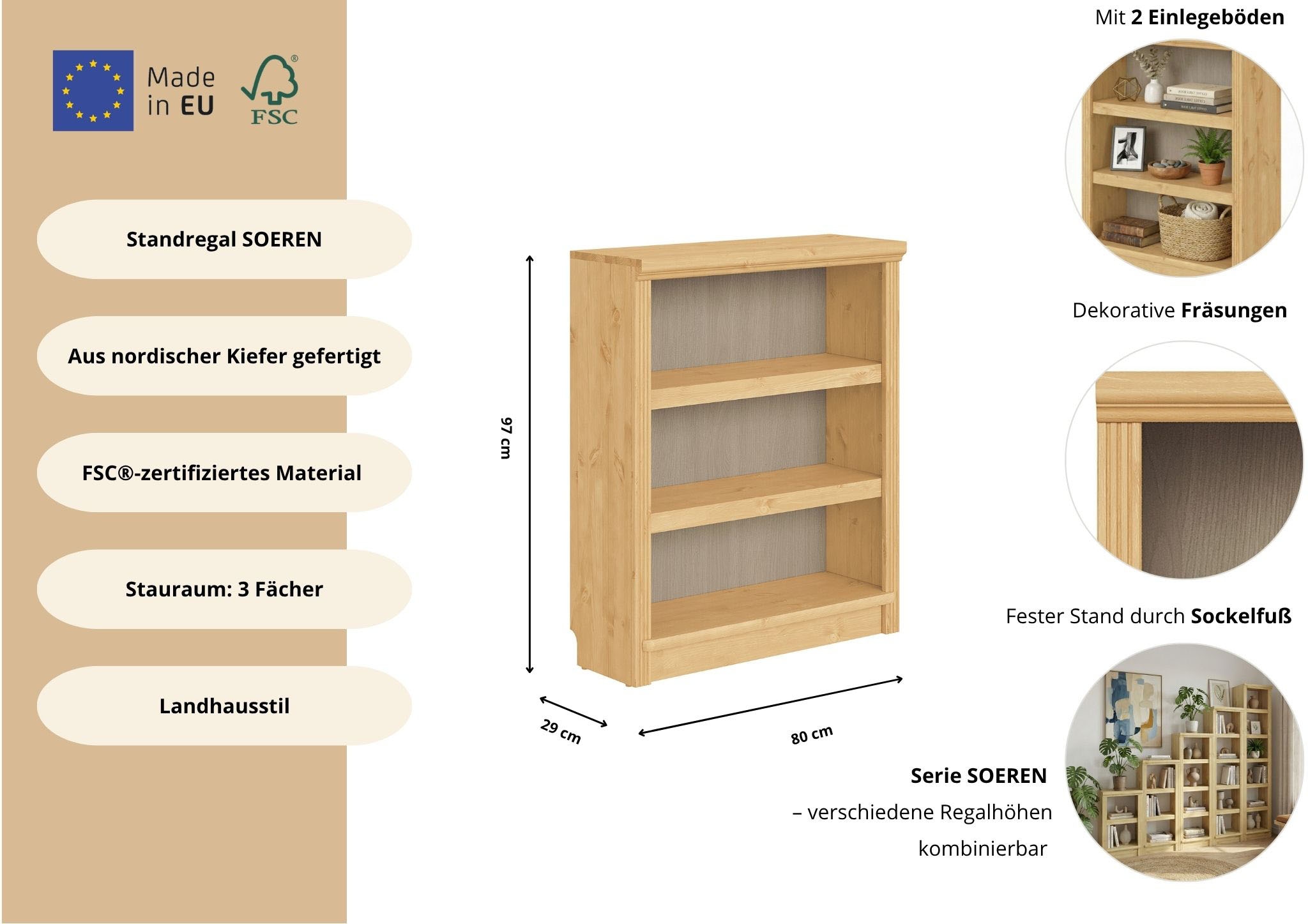 GOODproduct Standregal »Soeren Regal Bücherregal B/T/H: 80/29/97 cm« massive Kiefer, FSC®-zertifiziert