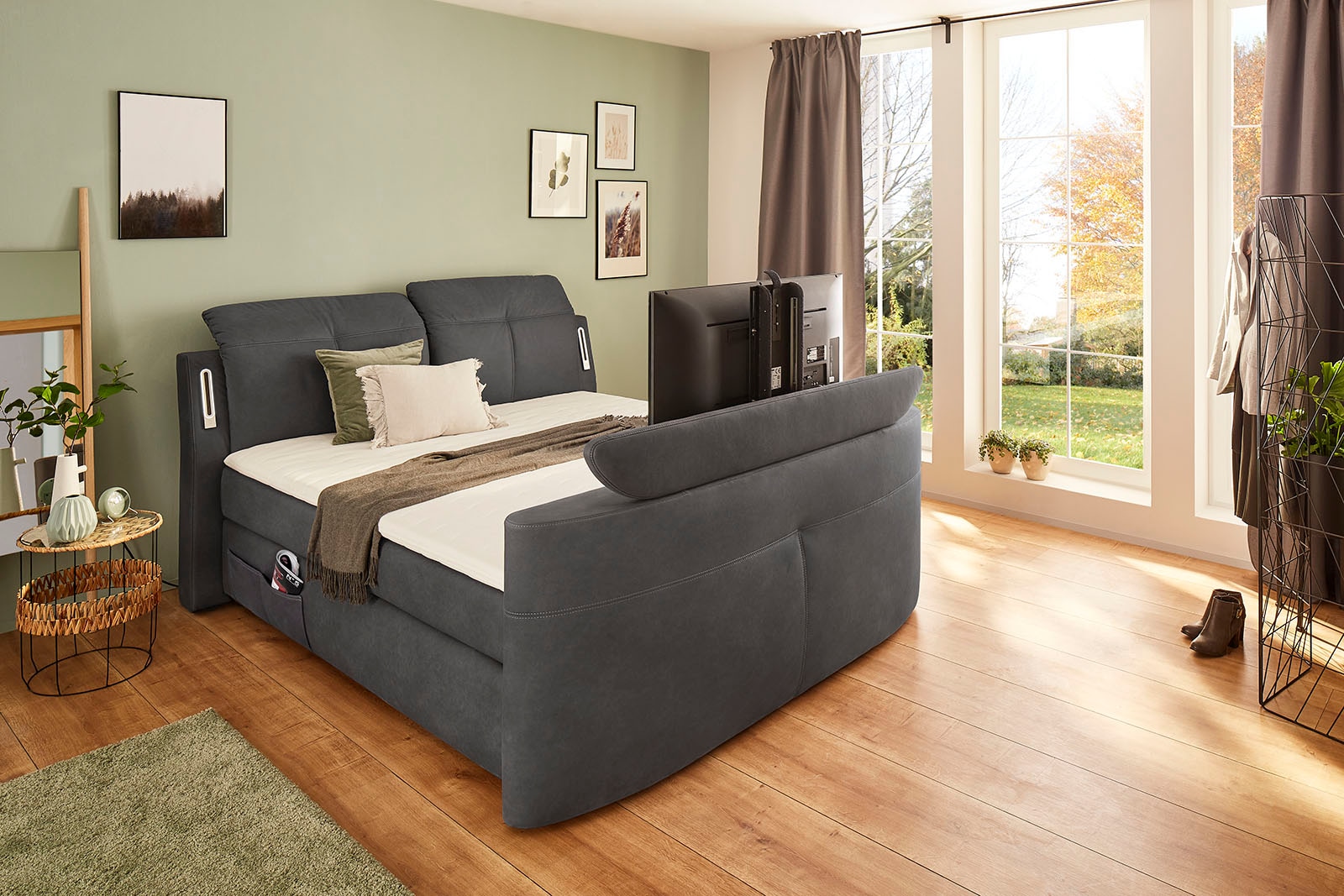 Jockenhöfer Gruppe Lit boxspring »MOVIESTAR, mit Taschenfederkernmatratze H3-H4, inkl. LED-Beleuchtung« revêtement en tissu structuré ou en microfibre au choix, 180x200cm