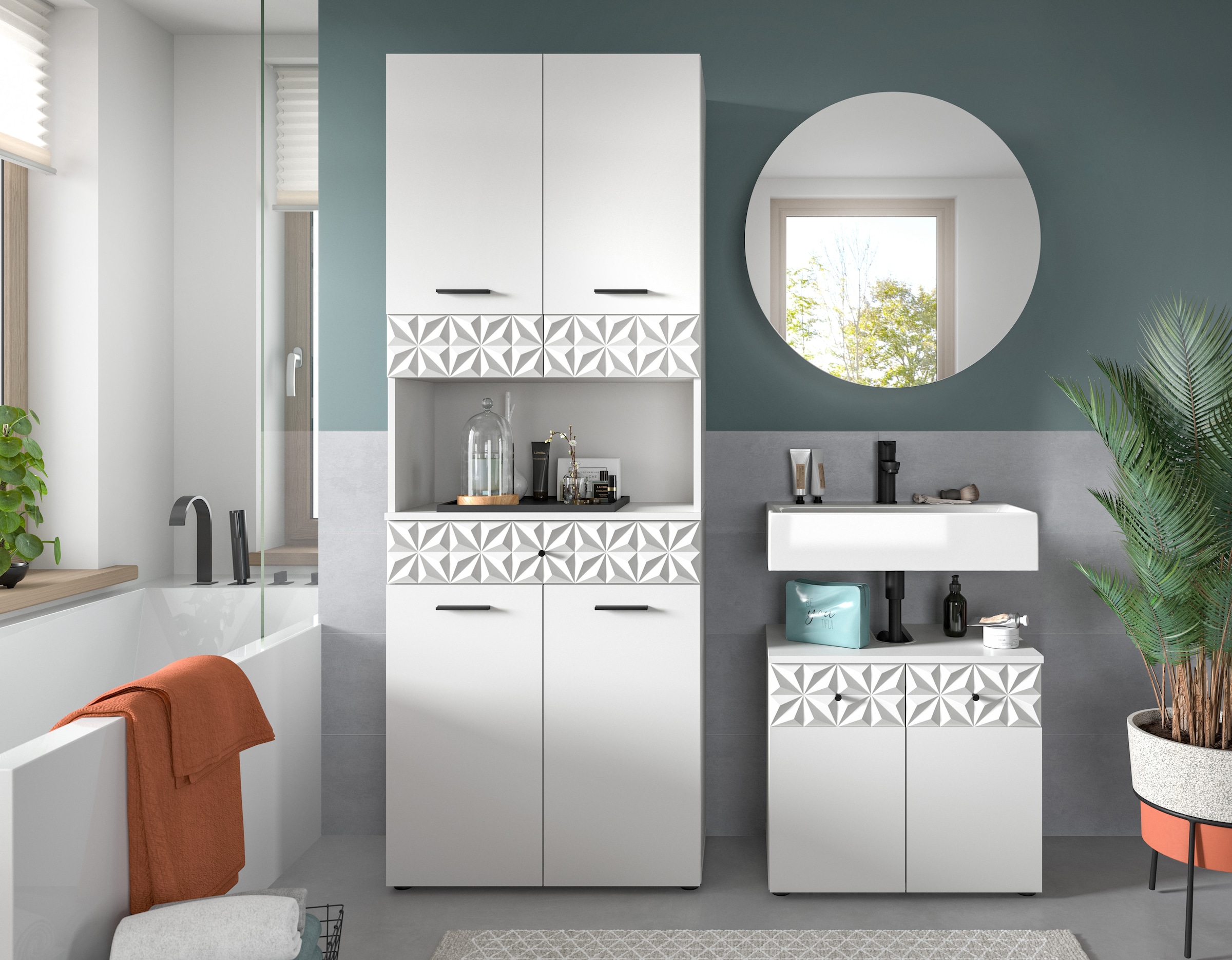 INOSIGN Badezimmer-Set »VICENZA, TOPSELLER!, Breite 145cm, 3-teilig, mit Ornamentabsetzung« best. aus: Hochschrank, Waschbeckenunterschrank und Spiegelschrank, 