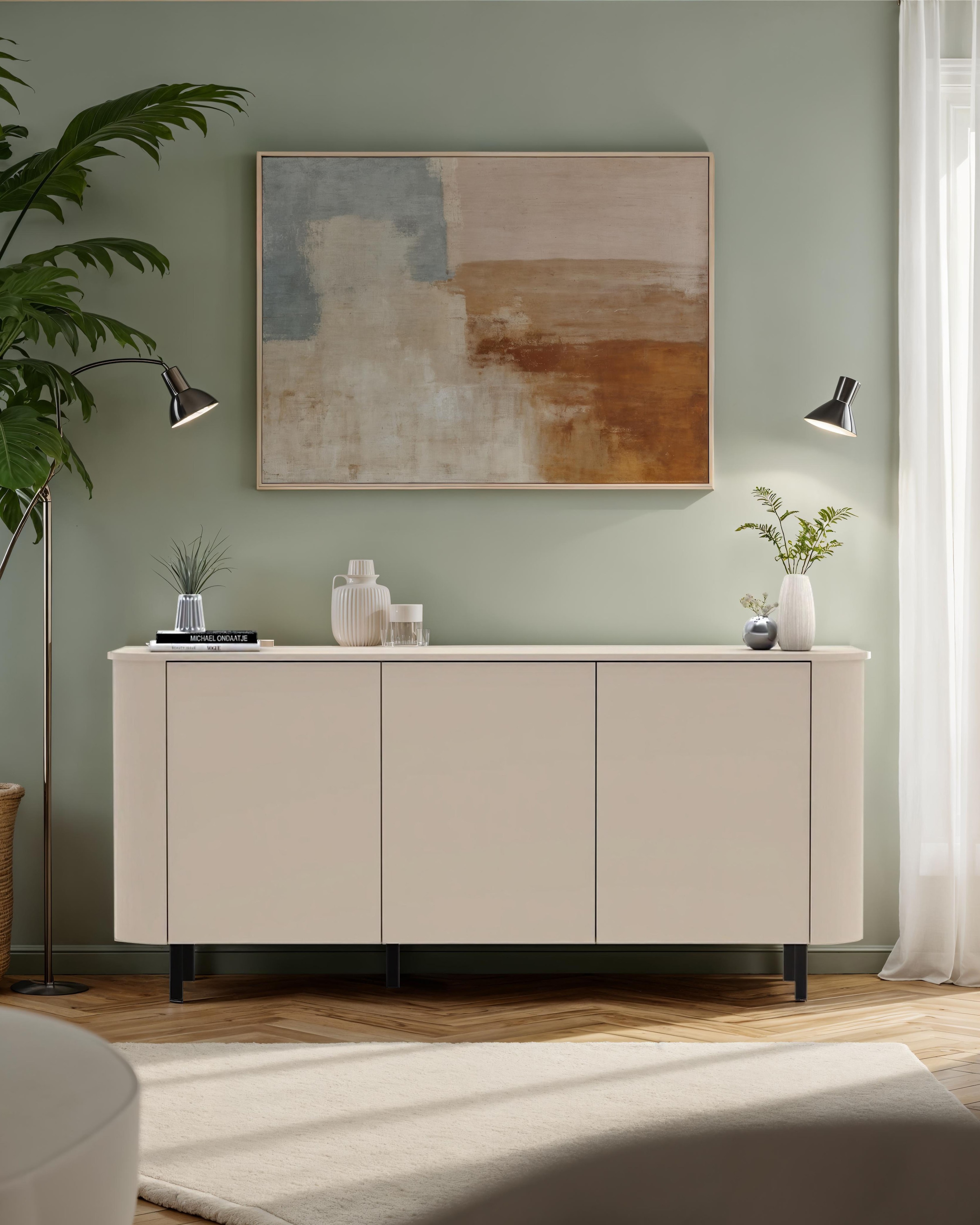 GOODproduct Sideboard »Lido, 181 cm breit, 3 Türen, Anrichte, Kommode, Stauraumschrank« Formgebogenes MDF, Stirnseiten mit Rundung, Push-to-open, Metallfüsse