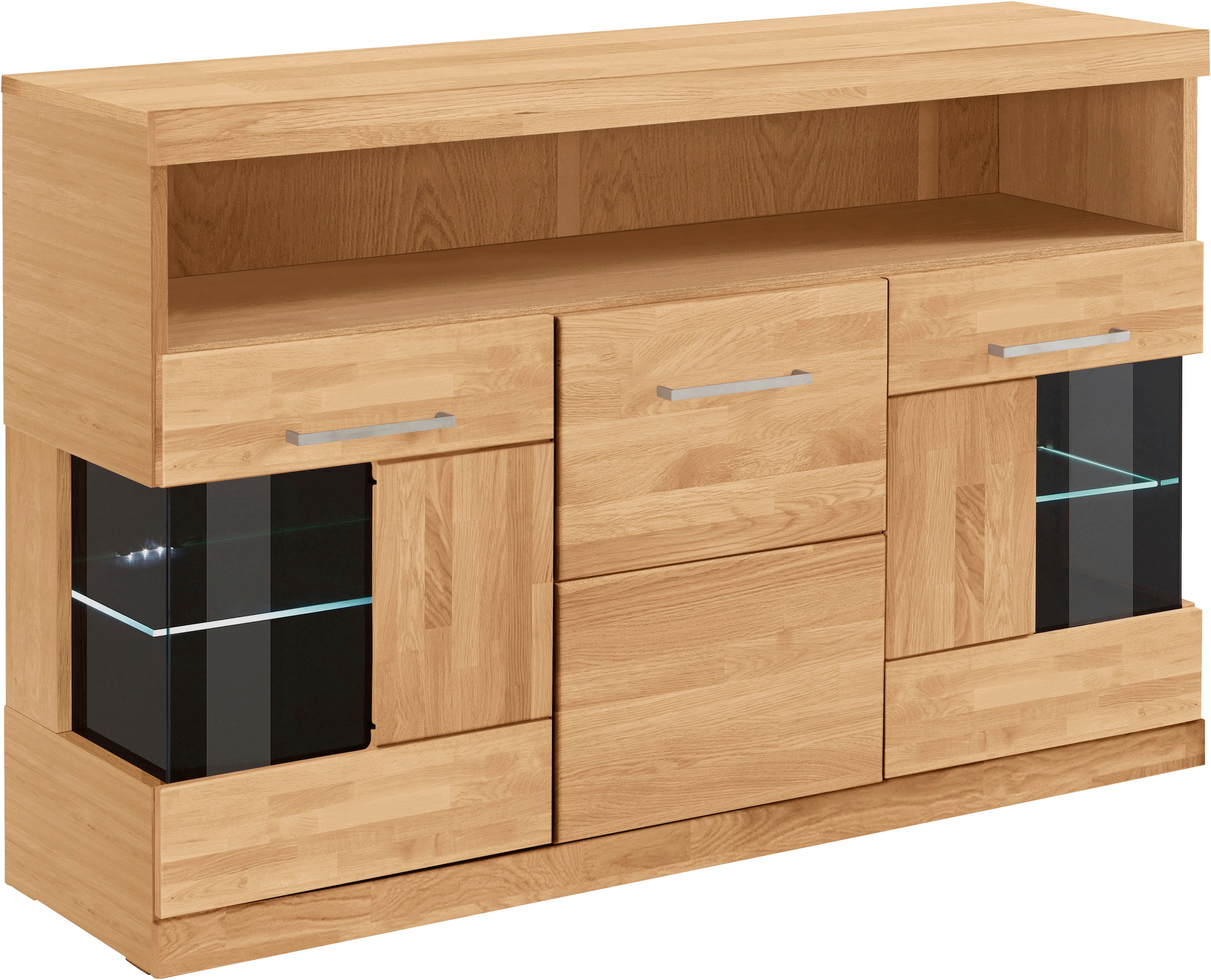 GOODproduct Sideboard »Ribe,130cm breit,Fronten Massivholz,2Türen mit gehärtetem Glaseinsatz« Korpus aus Holzwerkstoff, Metall Griffe,7 Fächer, Böden versetzbar