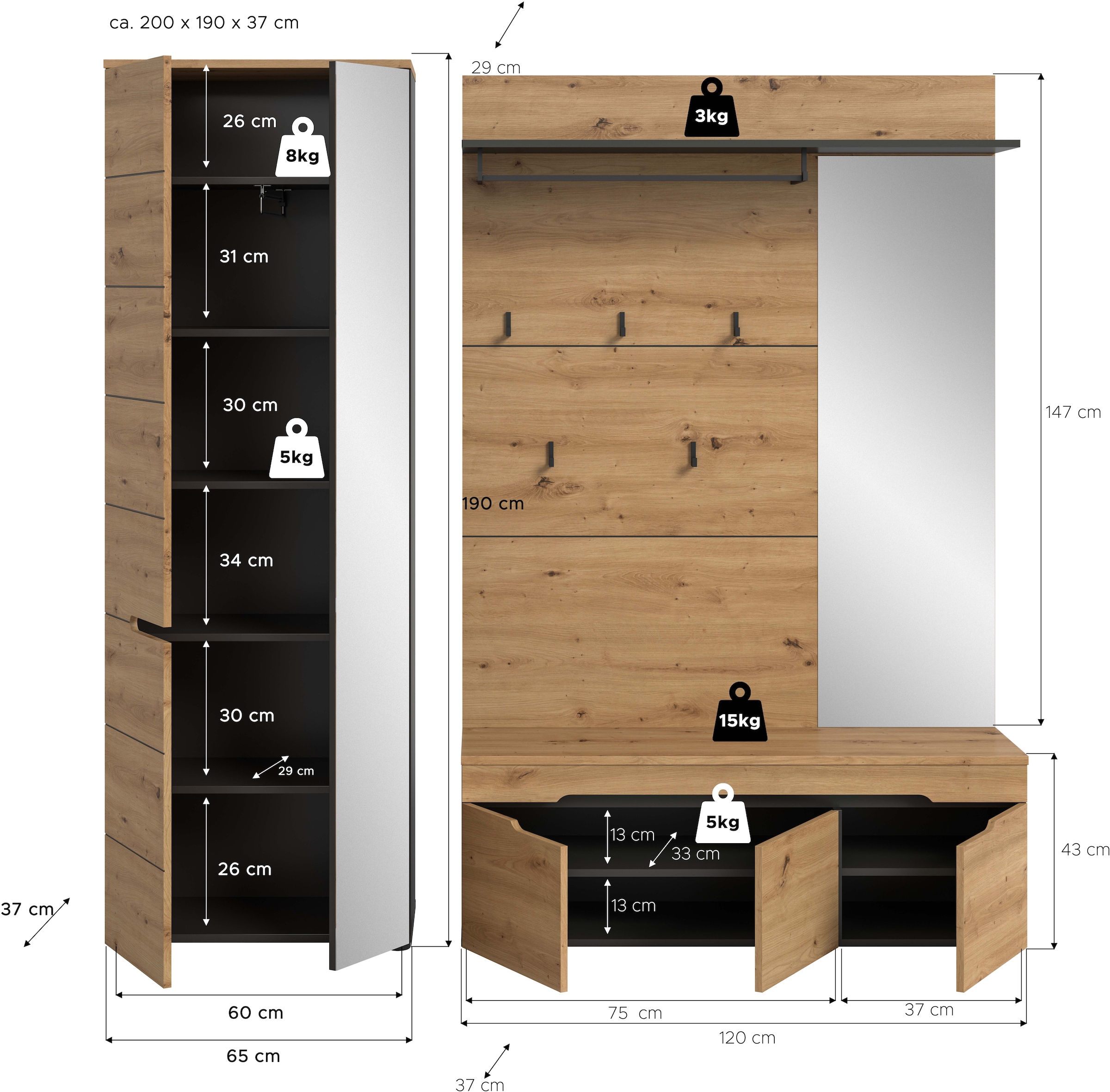 Home affaire Ensemble de vestiaires »REHAT, TOPSELLER!, 3-teilig, Breite 200 cm, individuell stellbar« Ensemble, composé de : armoire à vêtements, banc et panneau de rangement, 3 cuis tlg.