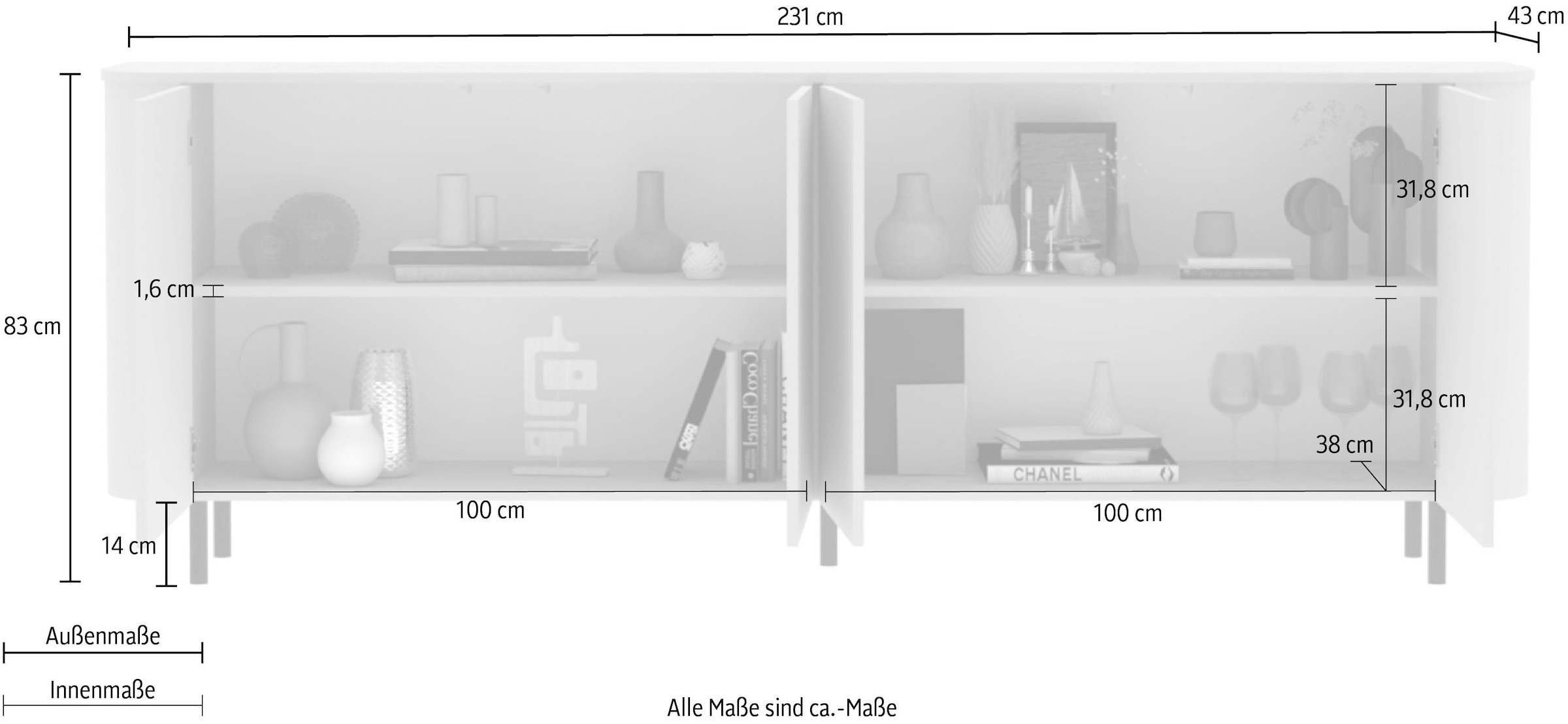 GOODproduct Sideboard »Lido, 231 cm breit, 4 Türen, Anrichte, Kommode, Stauraumschrank« Formgebogenes MDF, Stirnseiten mit Rundung, Push-to-open, Metallfüsse