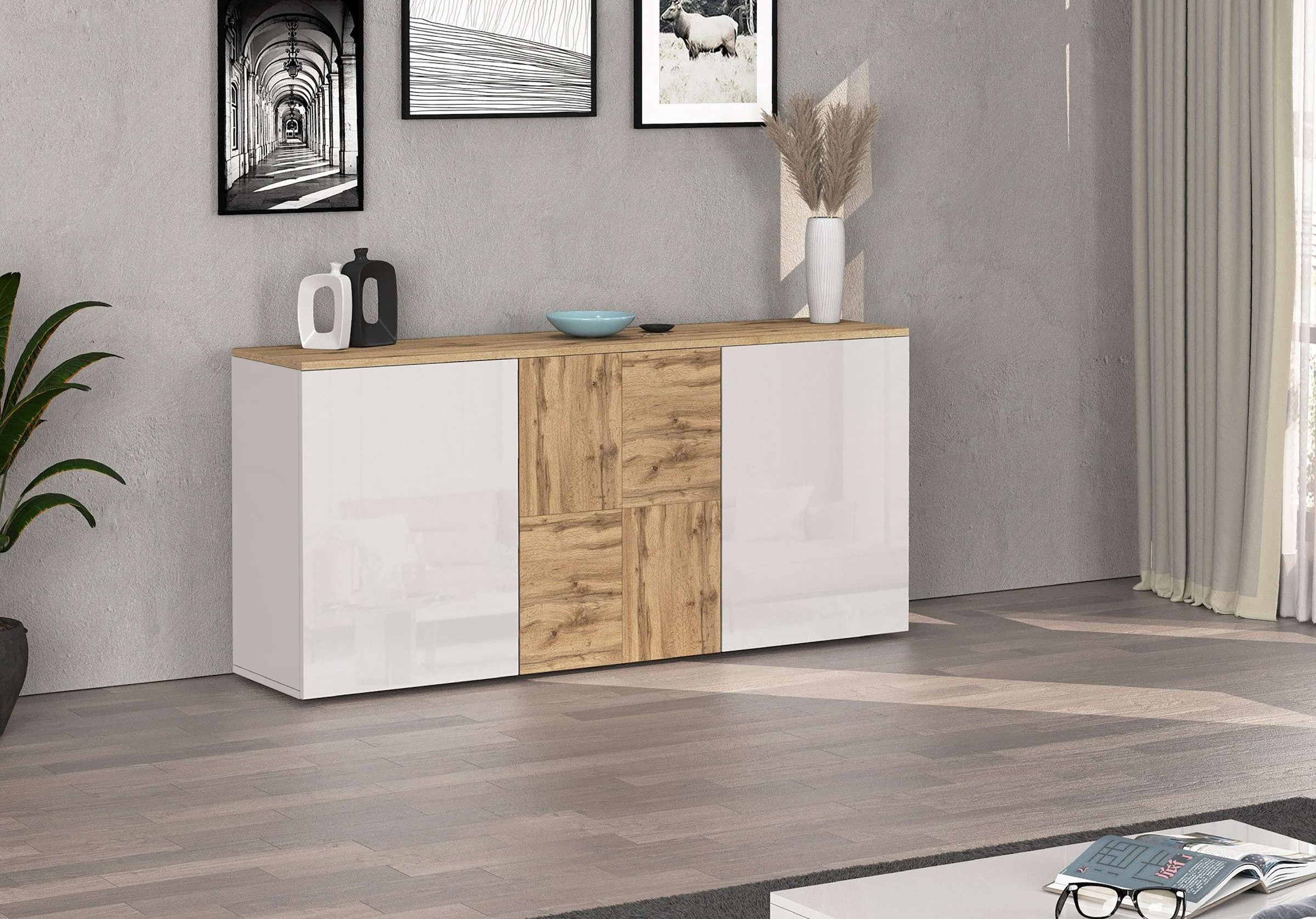 GOODproduct Sideboard »ISEO, Kommode, Schrank, Sideboard, Lowboard, 6 Fächer, Breite 150 cm« 1 Stk. tlg. stehend/hängend, 3 Türen Hochglanz lackiert, Made in Italy