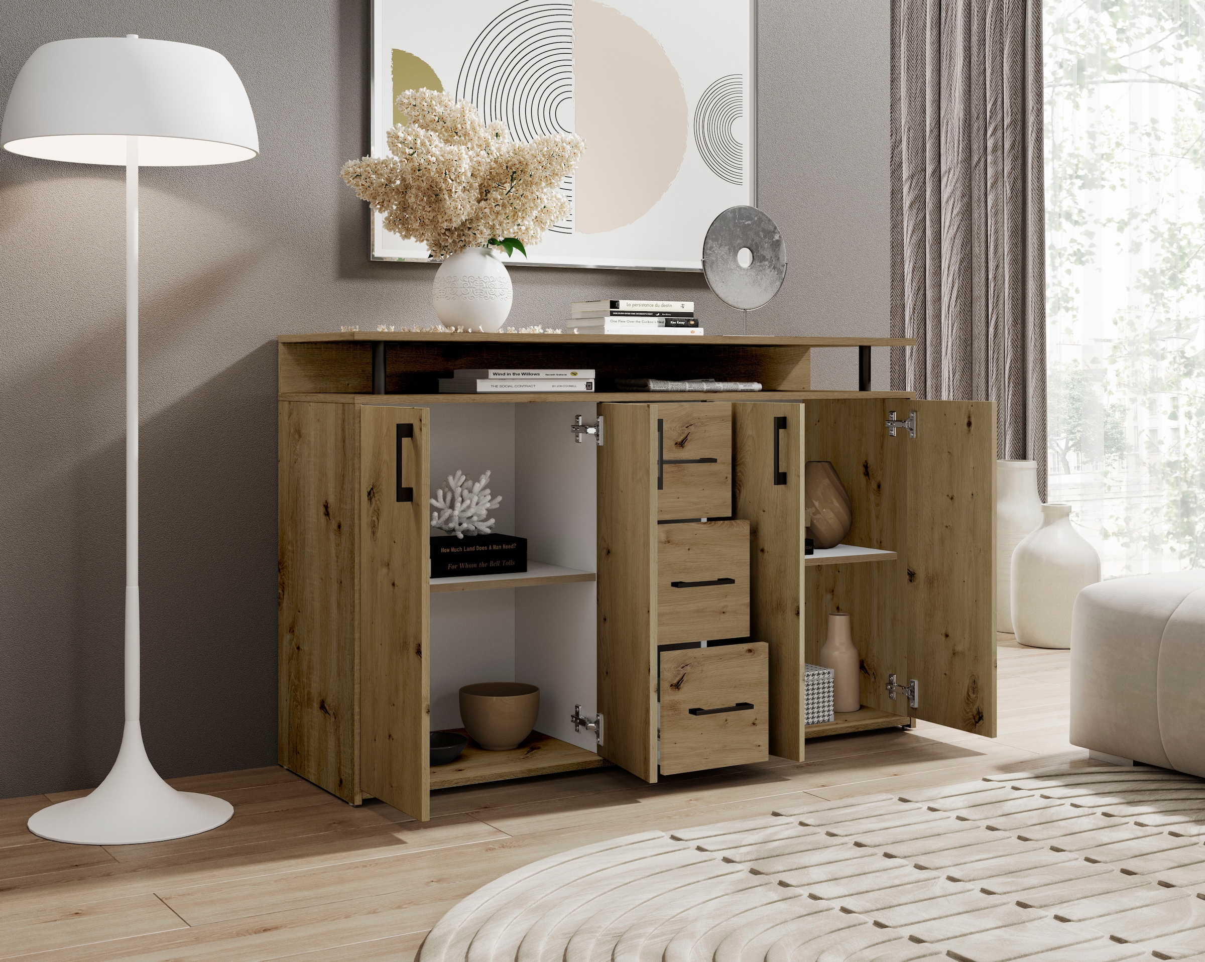 HBZ Sideboard »Drivno Sideboard, B/H/T 139x90x34 cm« Breite 139cm, Kugelauszug, Einlegeböden verstellbar, 3 Schubkästen