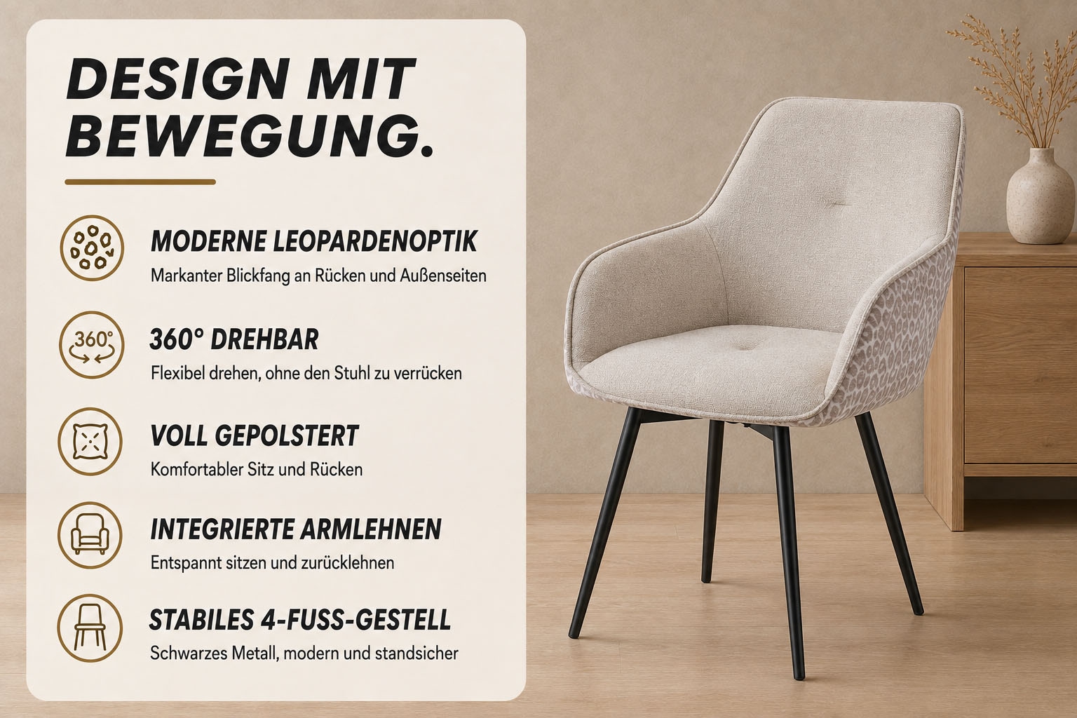 GOODproduct Esszimmerstuhl »Lincoln« (Set) 2 Stk.moderner Stuhl mit Leopardenlook, Webstoff und 360°-Drehfunktion