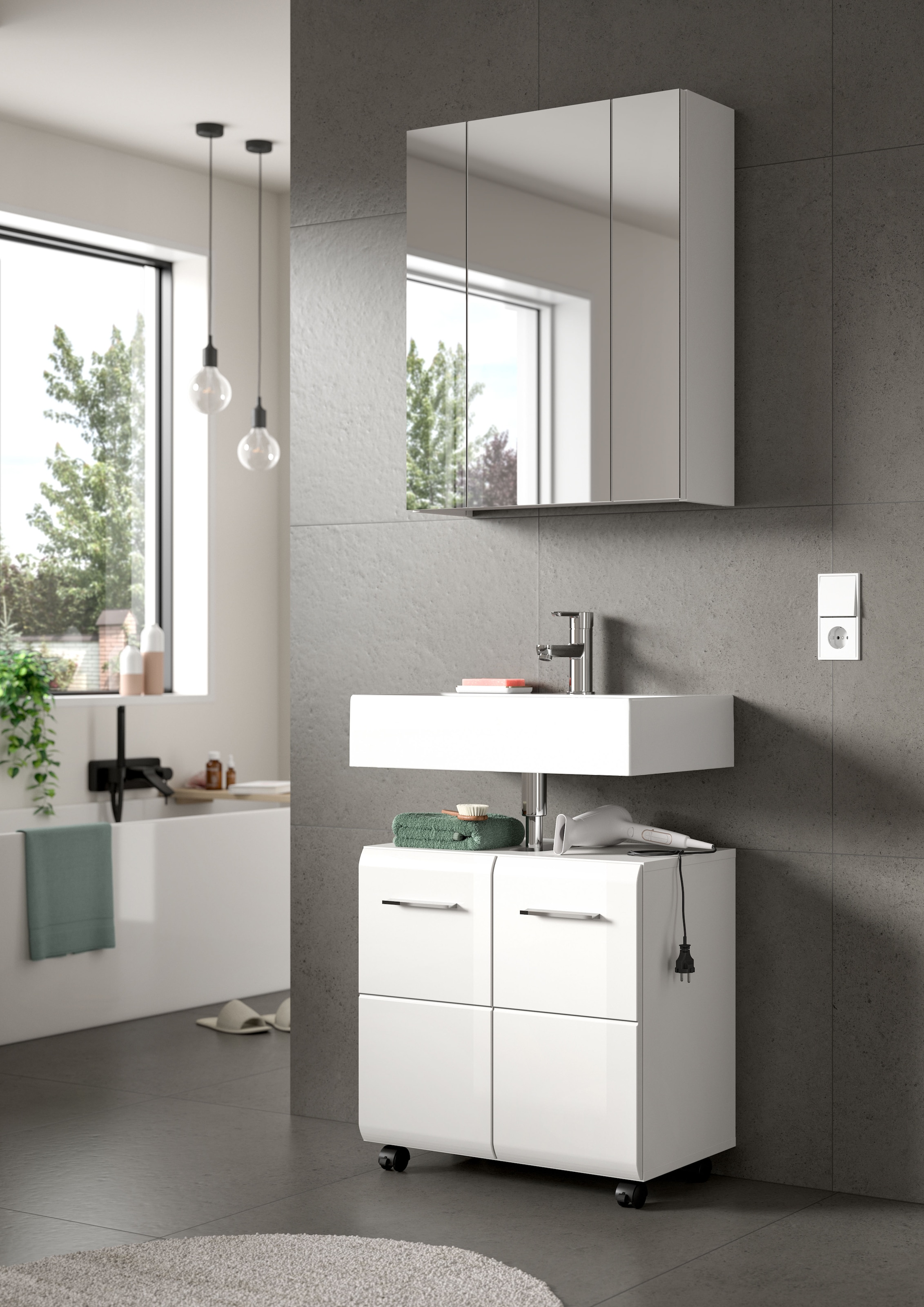 welltime Waschbeckenunterschrank »FLORENZ,  Breite 60cm, inkl. Siphonausschnitt, mit Türen oder Schüben« TOPSELLER!,  hochwertige MDF Front, Griff schwarz, Badschrank, Bad