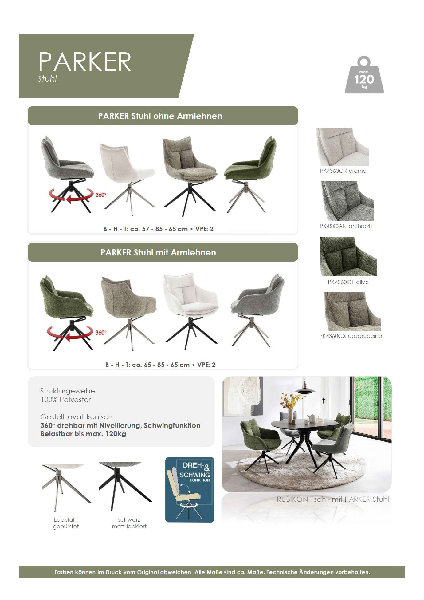 MCA furniture Esszimmerstuhl »PARKER« () (2er-Set), drehbar 360°, Dreh- & Schwingfunktion, Belastbarkeit 120 kg