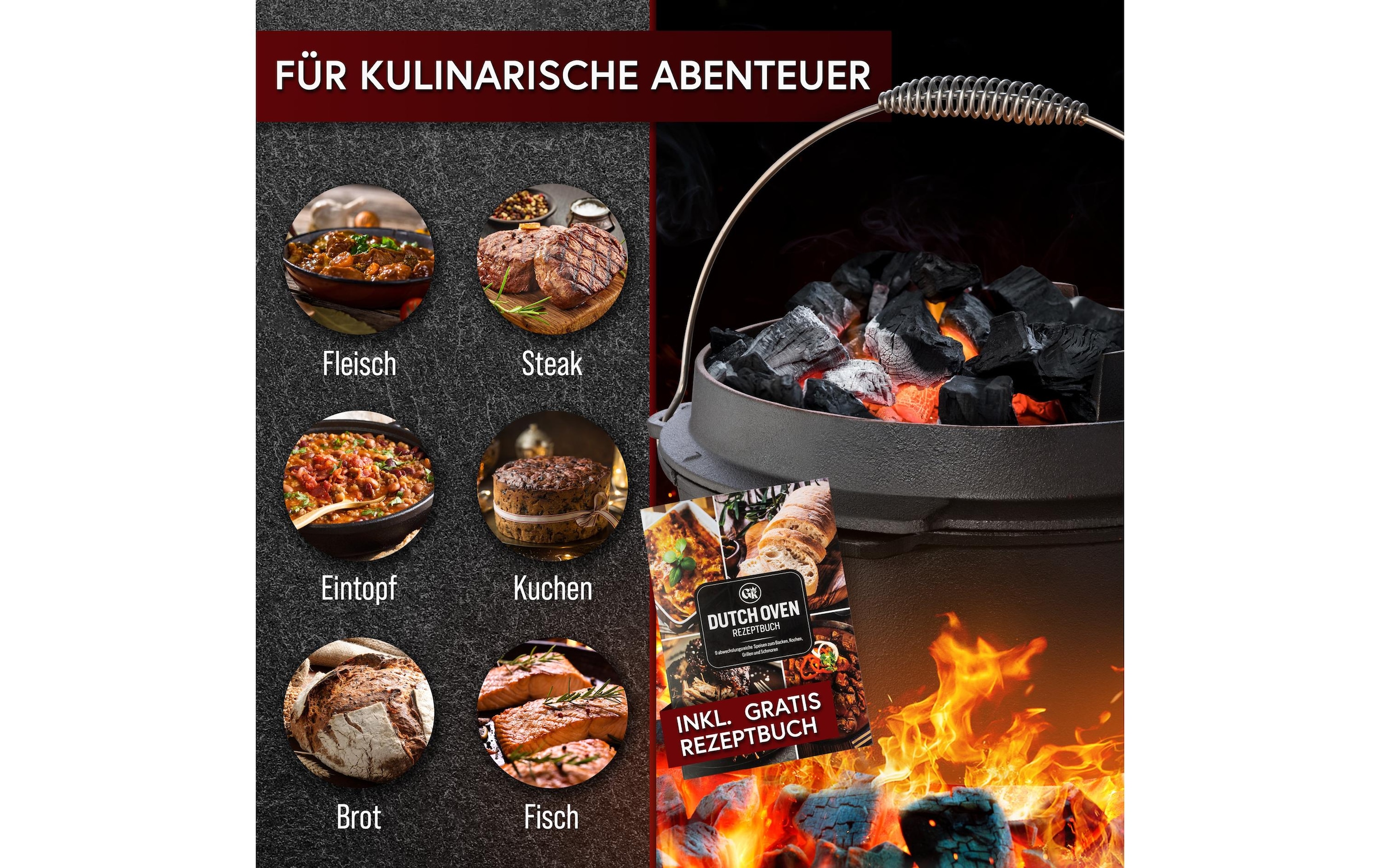   Grilltopf »Gusskoenig Dutch Oven Set 9 l mit Heber, Bürste, Untersetzer« Gusseisen Set mit 2in1 Deckelheber, Reinigungsbürste und Untersetzer