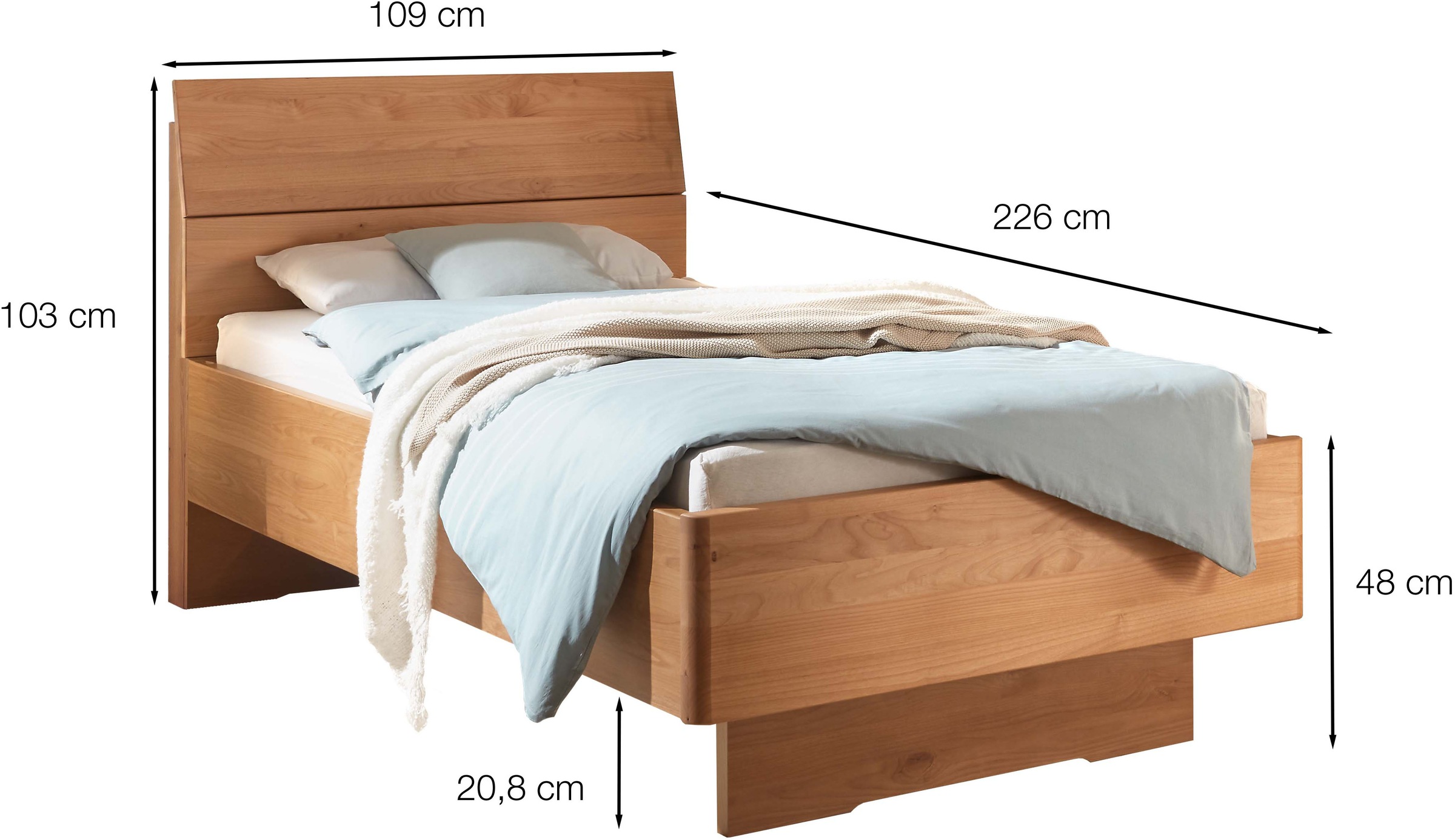 WIEMANN Lit en bois »Cardiff, Bettgestell, Bettrahmen, teilmassiv Erle« Capacité 110/220 kg, réglable en 4 hauteurs, MADE IN GERMANY,  Tête et pied en bois massif d'aulne, différentes tailles