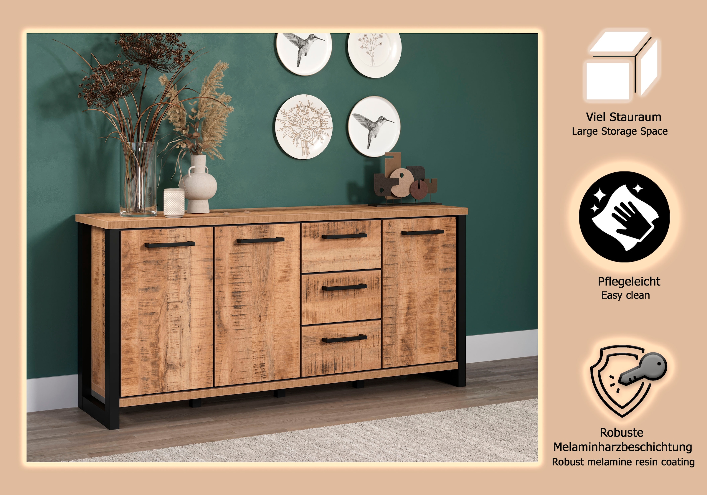 Home affaire Sideboard »Elda« 1 cuis tlg. Sideboard mit 3 Türen & 3 Vollauszug Schubladen – (B/T/H) 180/45/86 cm
