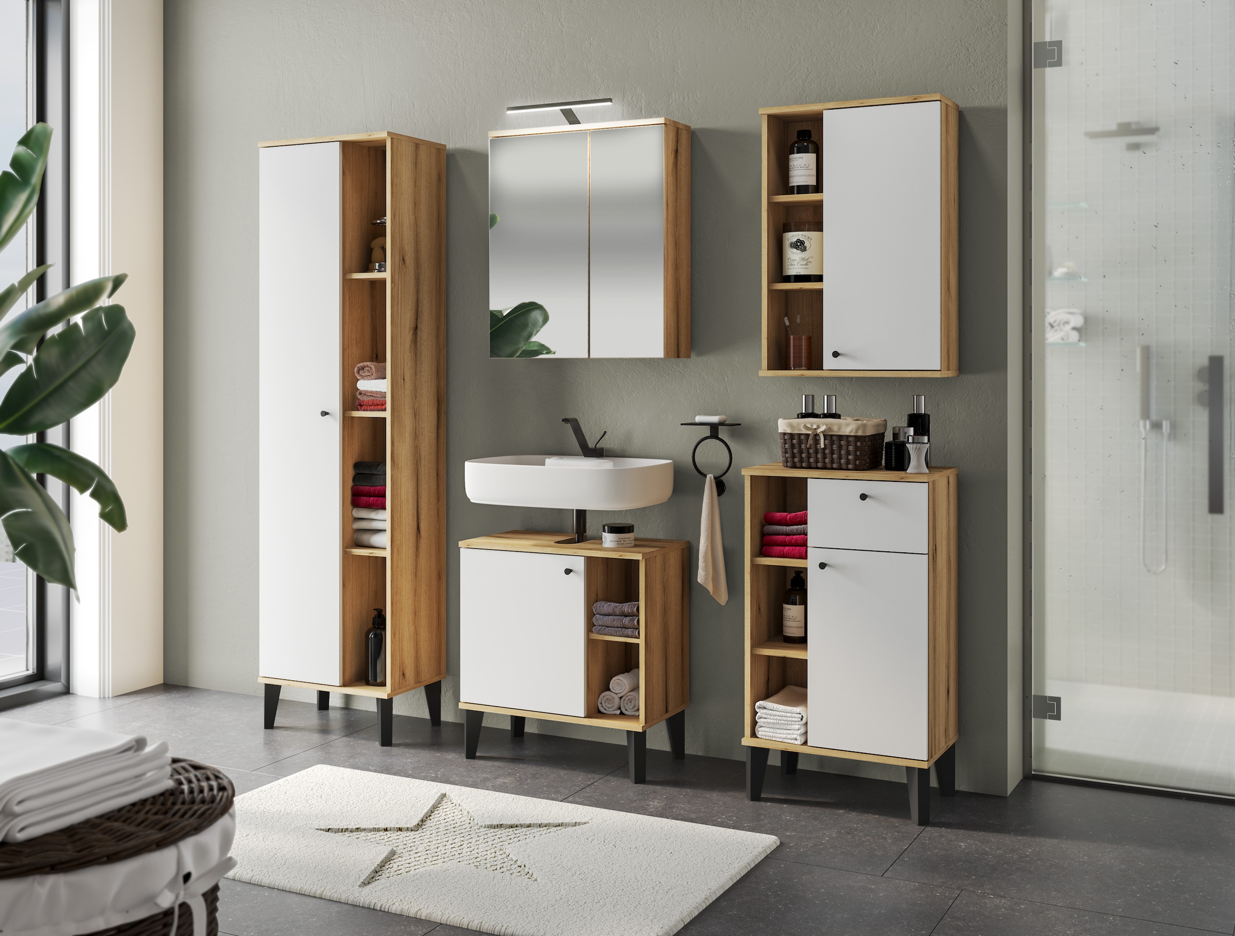Home affaire Armoire de rangement »Oslo, Badschrank mit Knopfgriff, Hochschrank im skandinavischen Design« disponible en blanc ou gris, suffisamment d’espace de rangement