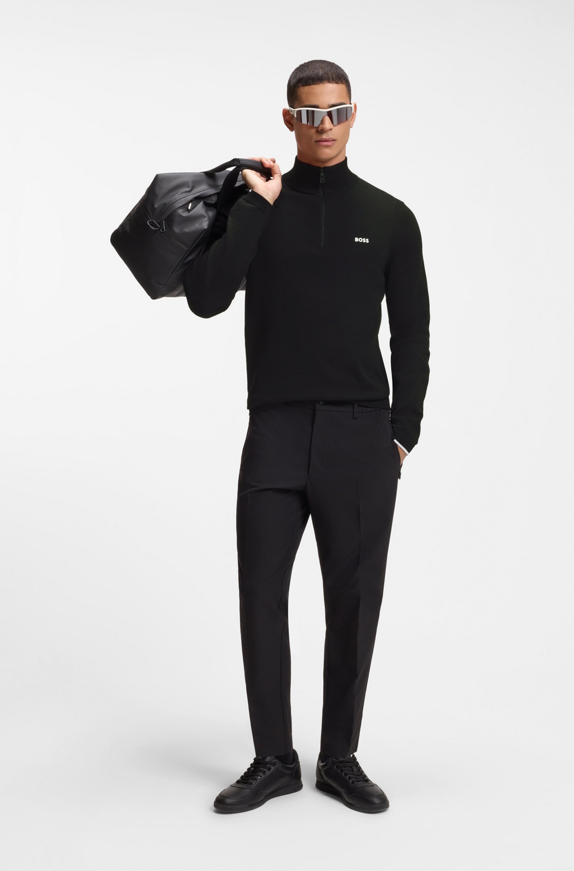 BOSS GREEN Pull en tricot Stehkragen mit Reissverschluss, Regular fit, Logo-Print