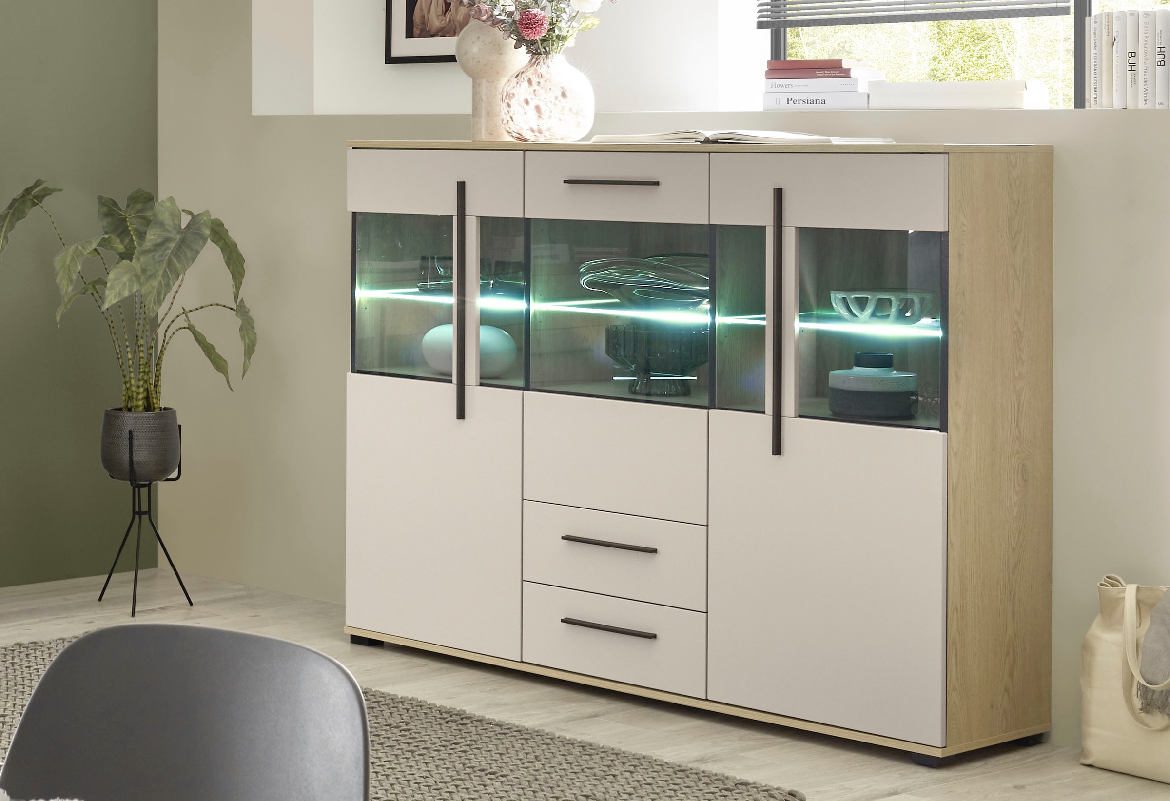 Home affaire Highboard »Cantara, moderner Schrank, Vitrine in Eiche Dekor, Weiss oder Kaschmir« schwarze Stangengriffe, ausreichend Stauraum, vielseitig einsetzbar