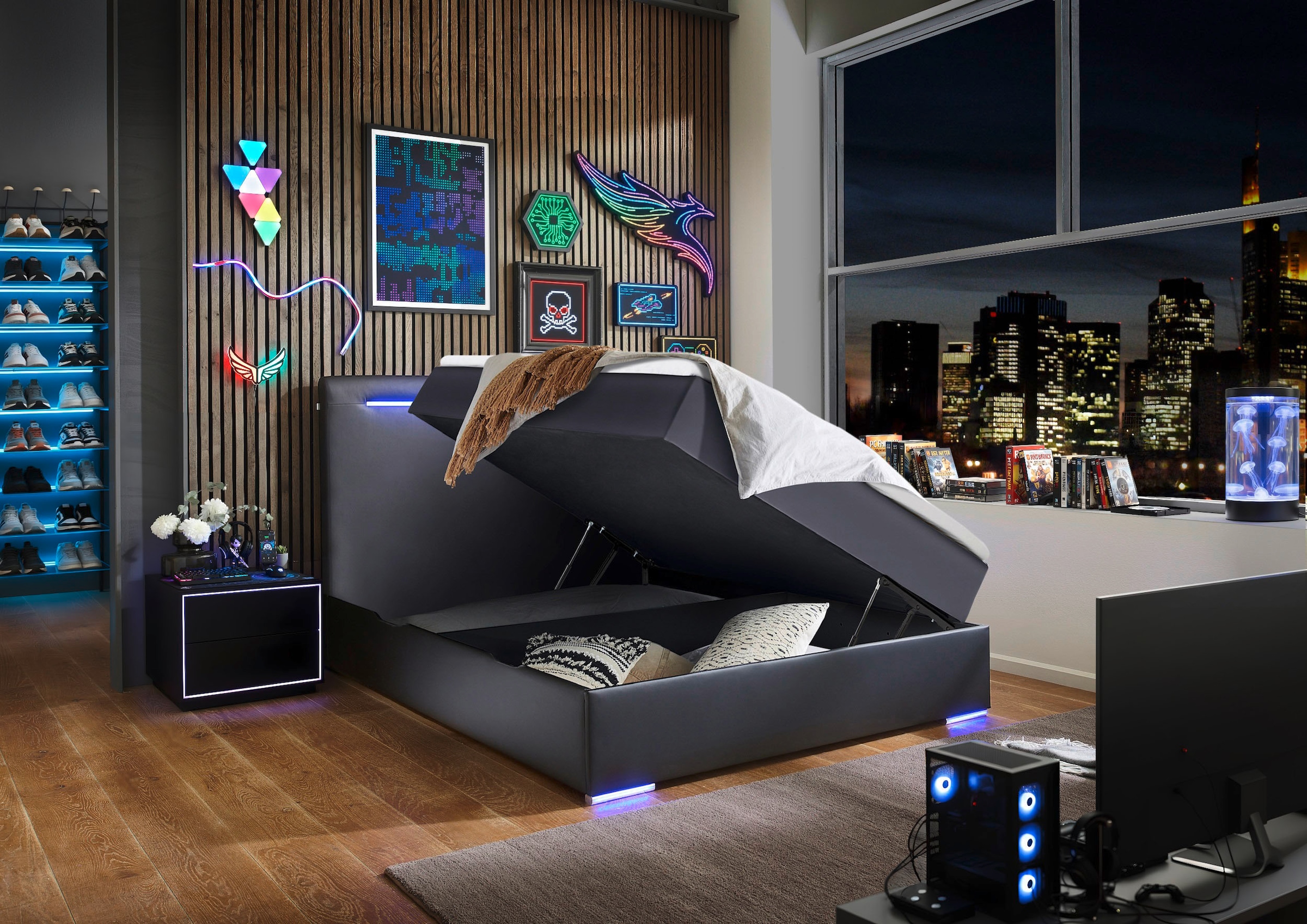 meise.möbel Boxbett »Candela inkl. Bettkasten, Topper & LED-Beleuchtung an Kopfteil & Füssen«