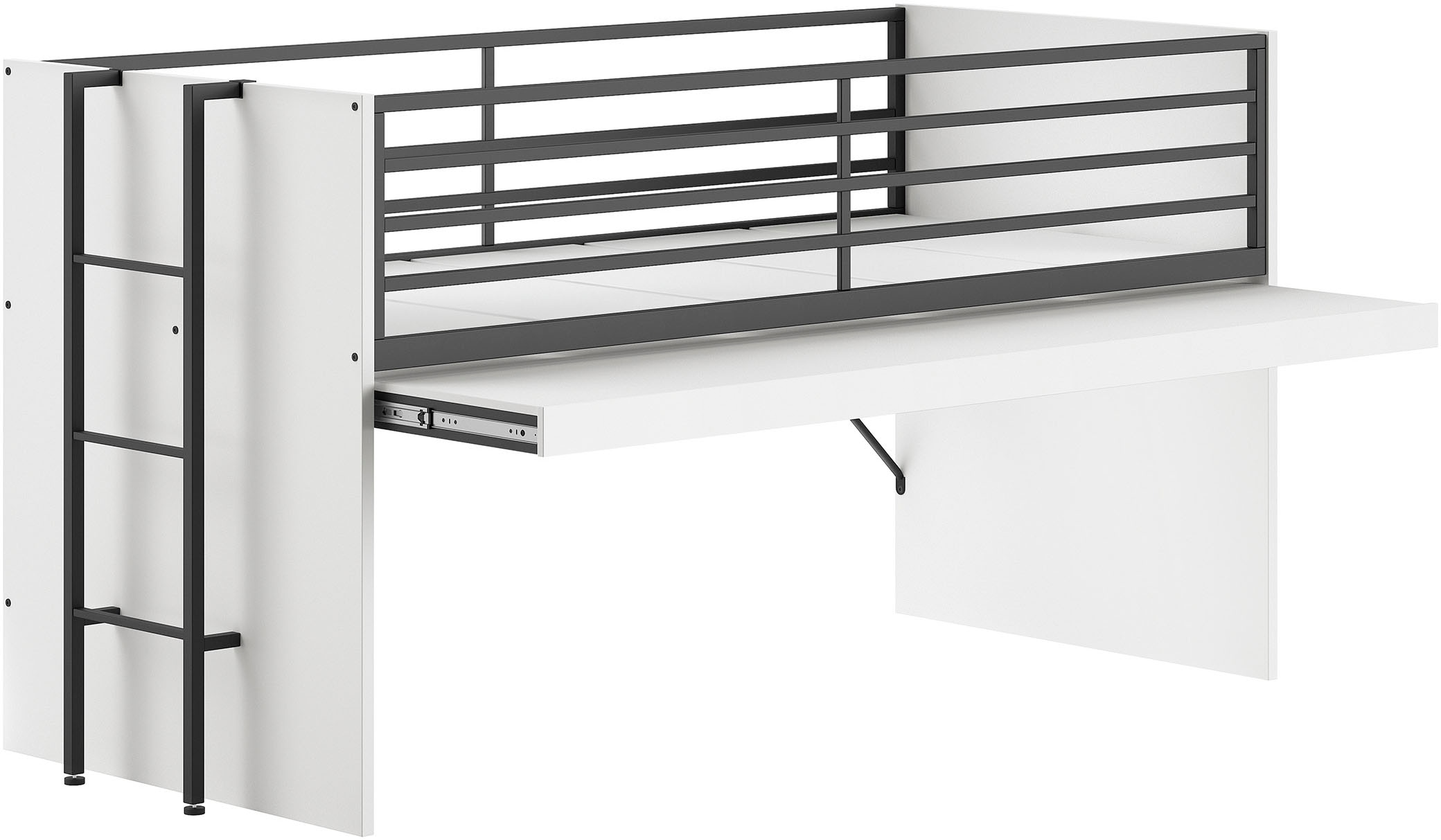 Vipack Hochbett »Sam, schlafen und arbeiten in einem, wahlweise Eiche- oder Weiss-Dekor« Liegefläche 90x200 cm, darunter eine grosse ausziehbare Schreibplatte,  Inkl. Absturzschutz u. Leiter, pflegeleichte Dekor Oberfläche