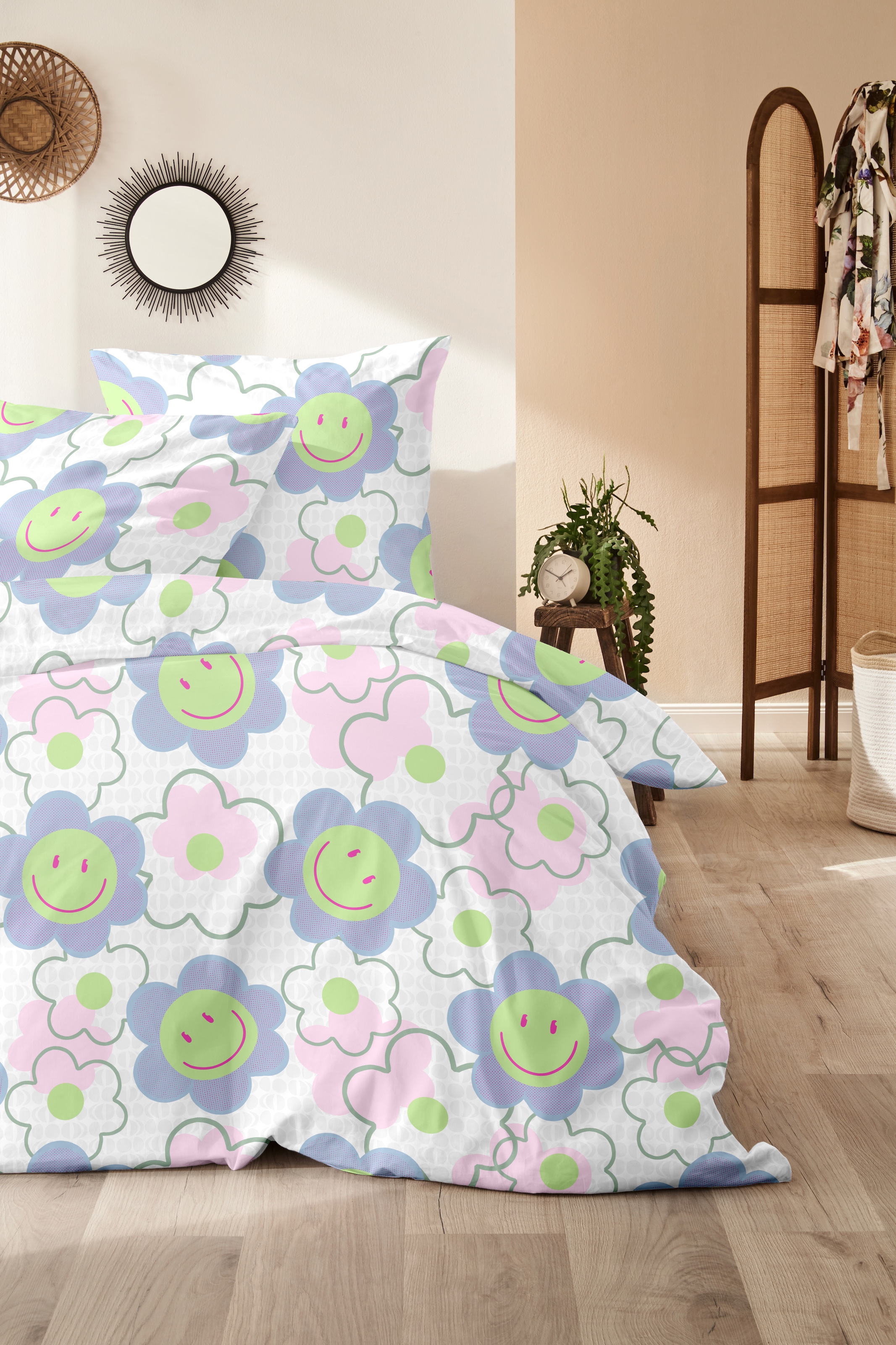 Primera Linge de lit »Renforce-Bettwäsche Smile for me« 2 cuis avec fleurs smiley aux couleurs vives