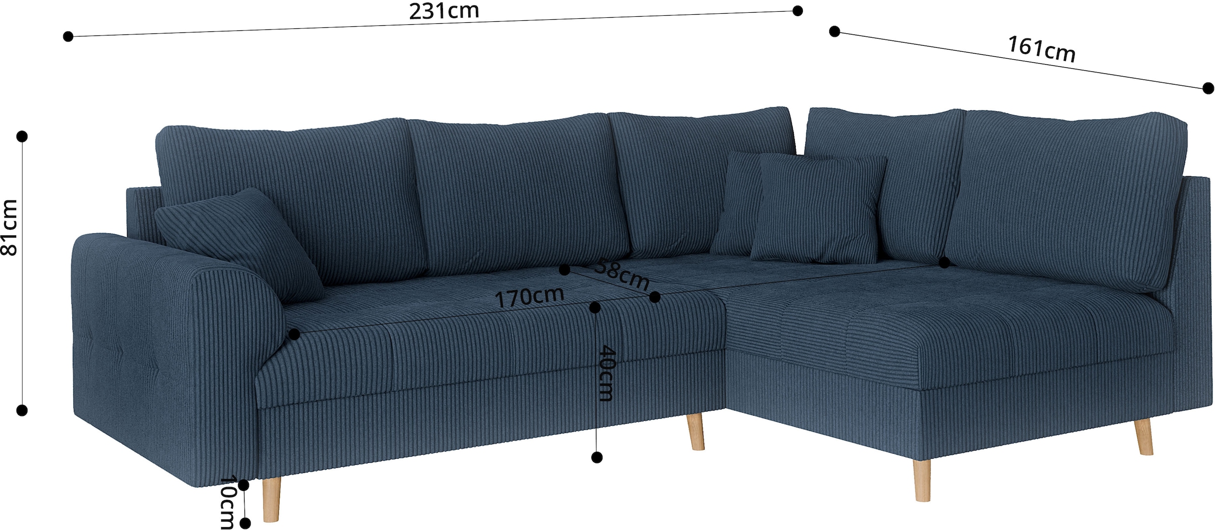 Home affaire Canapé d'angle »CHARRE L-Form mit Ottomane, Masse B/T/H: 231/161/81 cm« feine Steppung, lose Rücken- und Zierkissen, auch in Cord und Bouclé